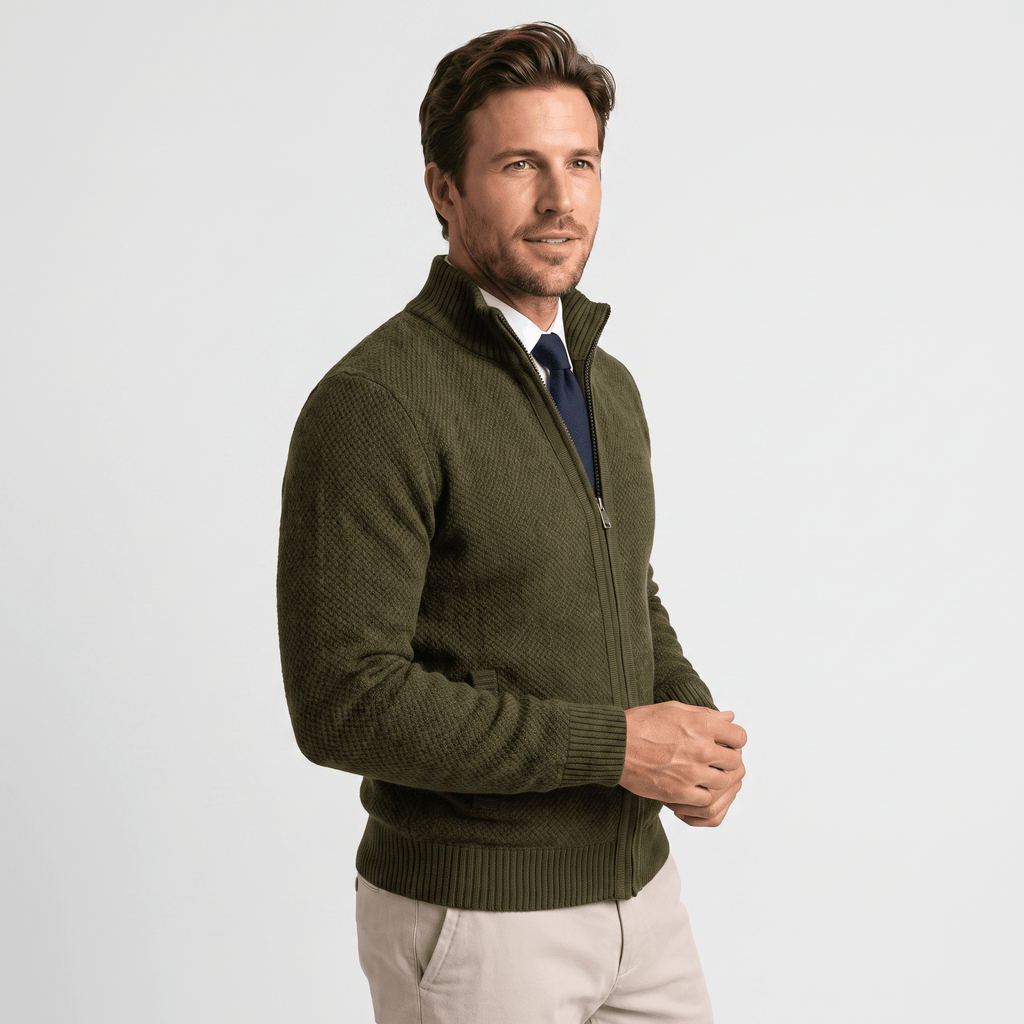Jonel Textured Knit Cardigan – Stand-Collar Full-Zip Zip-Pocket Sweater