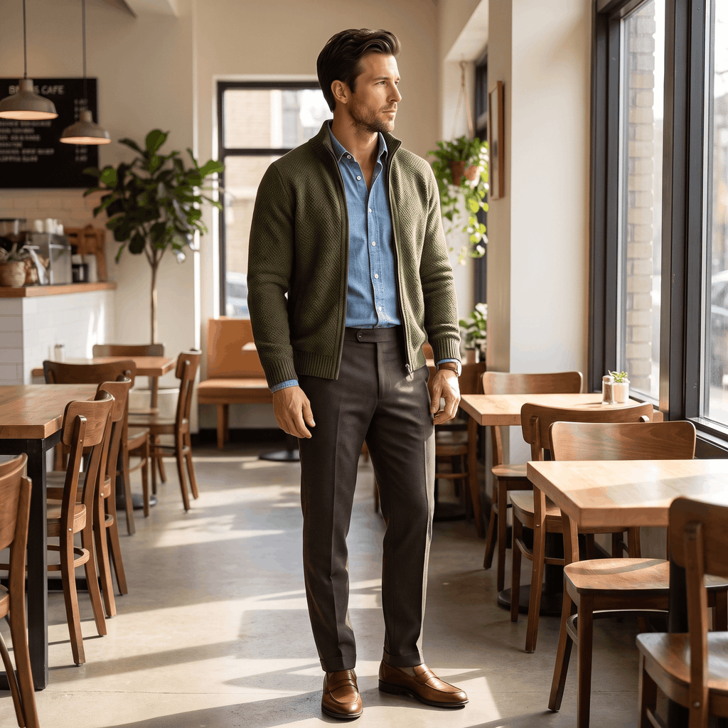 Jonel Textured Knit Cardigan – Stand-Collar Full-Zip Zip-Pocket Sweater