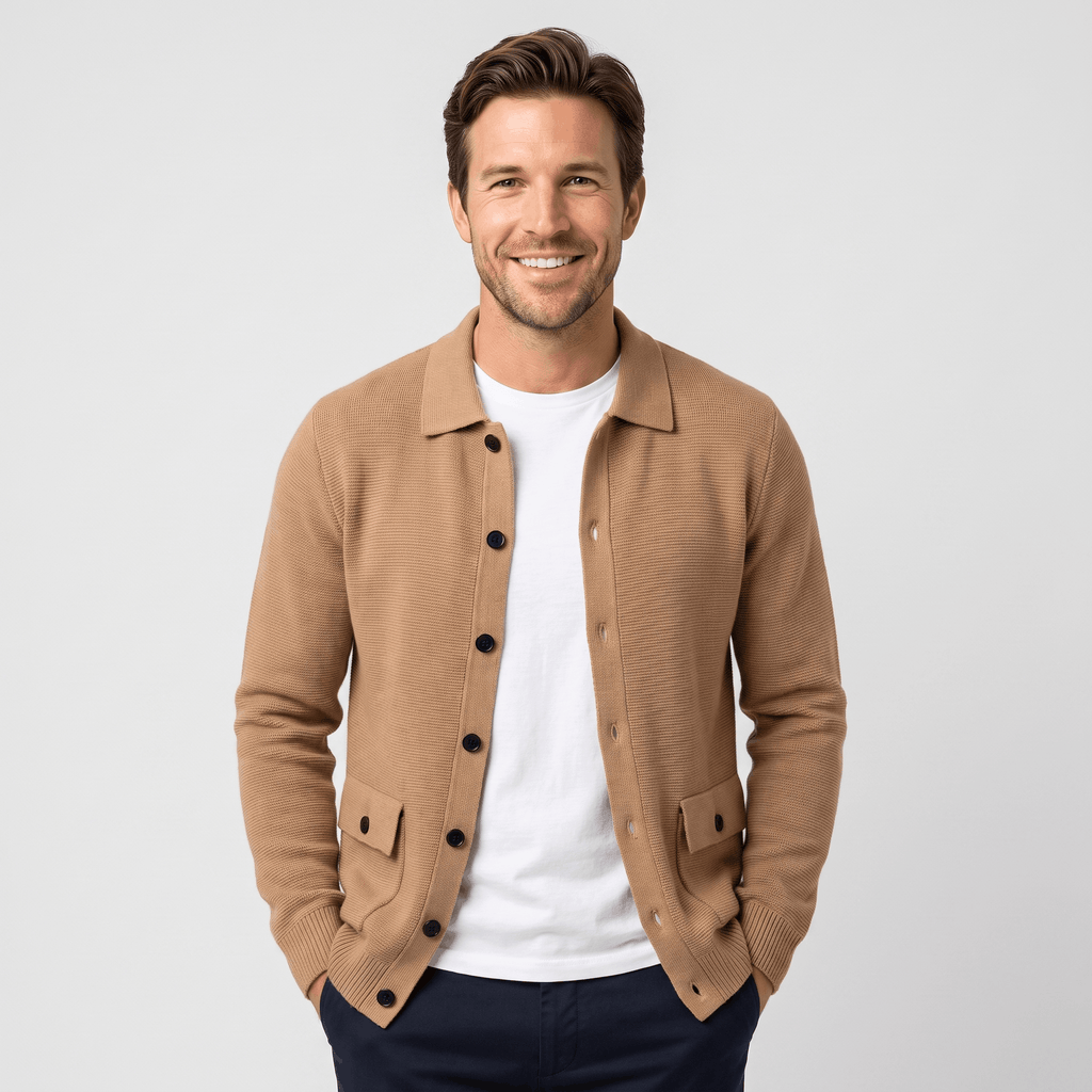 Justine Textured Knit Cardigan – Button-Front Collared Flap-Pocket Sweater