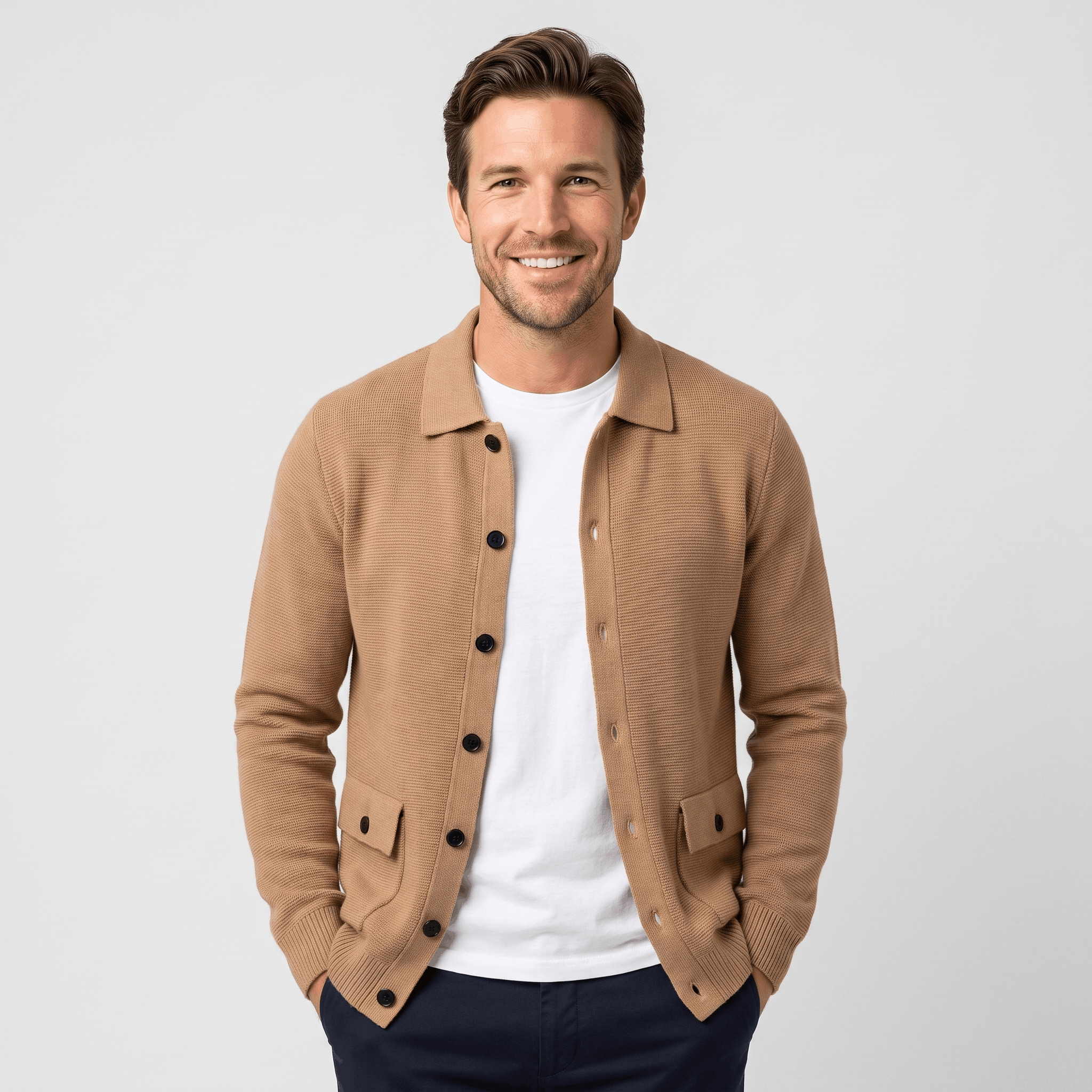 Justine Textured Knit Cardigan – Button-Front Collared Flap-Pocket Sweater
