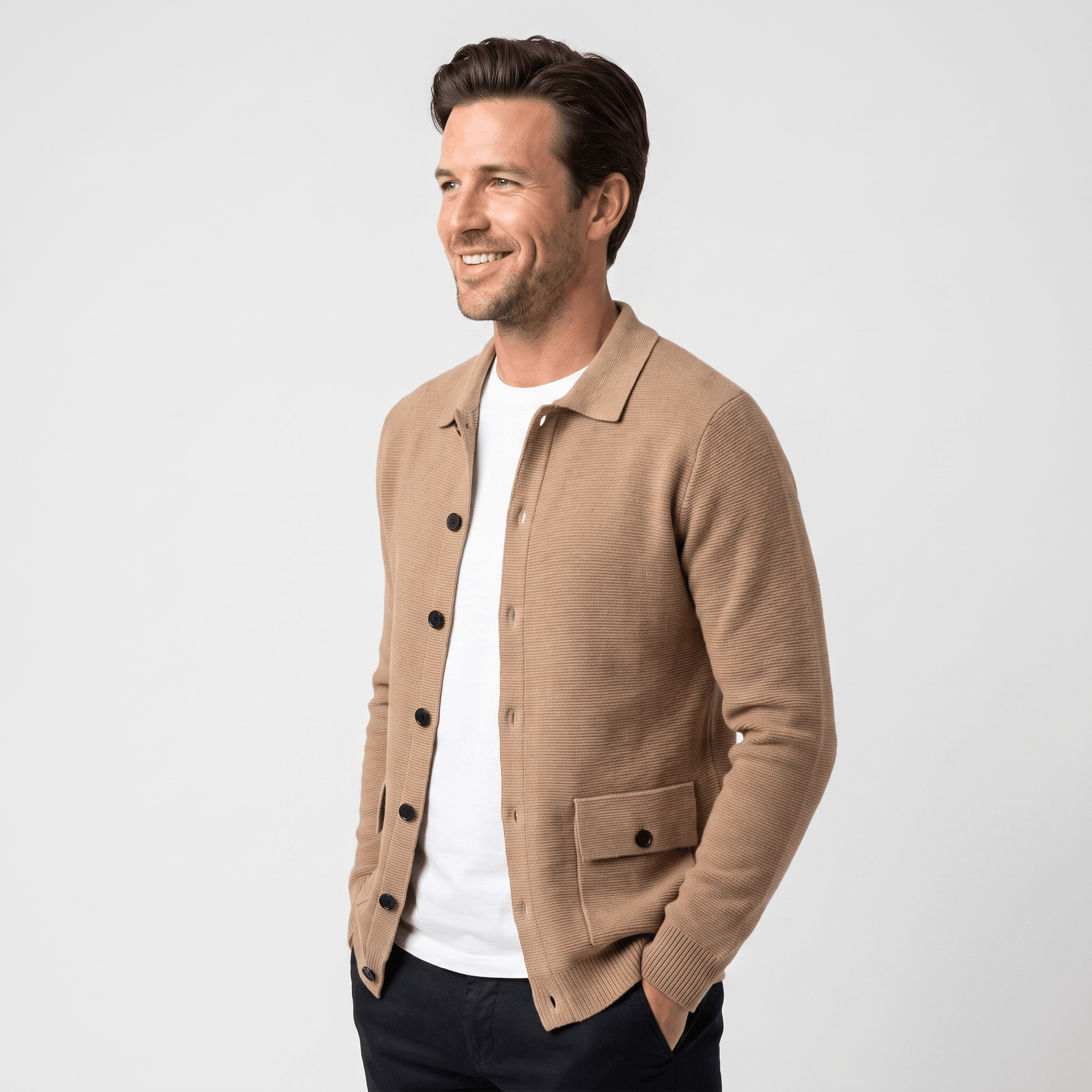 Justine Textured Knit Cardigan – Button-Front Collared Flap-Pocket Sweater