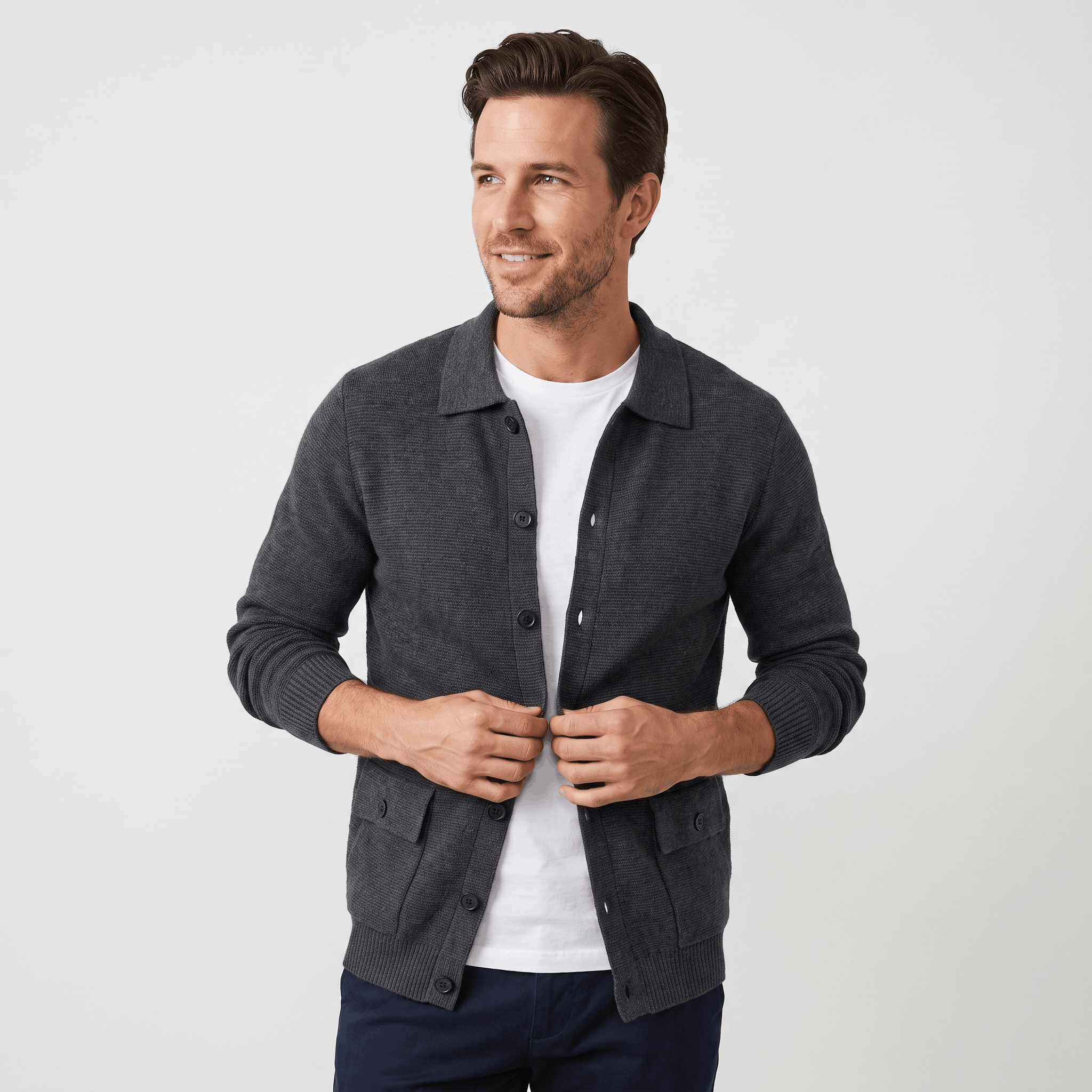 Justine Textured Knit Cardigan – Button-Front Collared Flap-Pocket Sweater