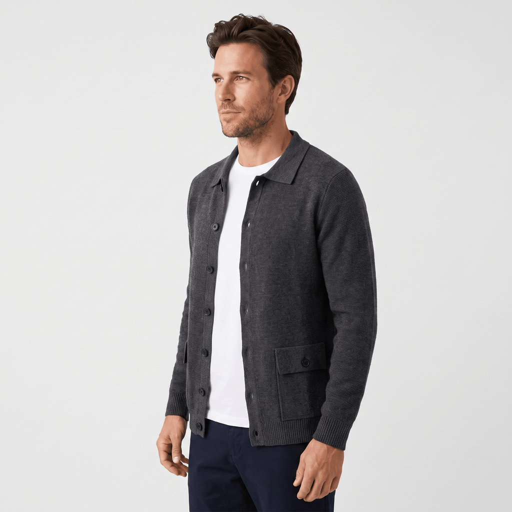 Justine Textured Knit Cardigan – Button-Front Collared Flap-Pocket Sweater