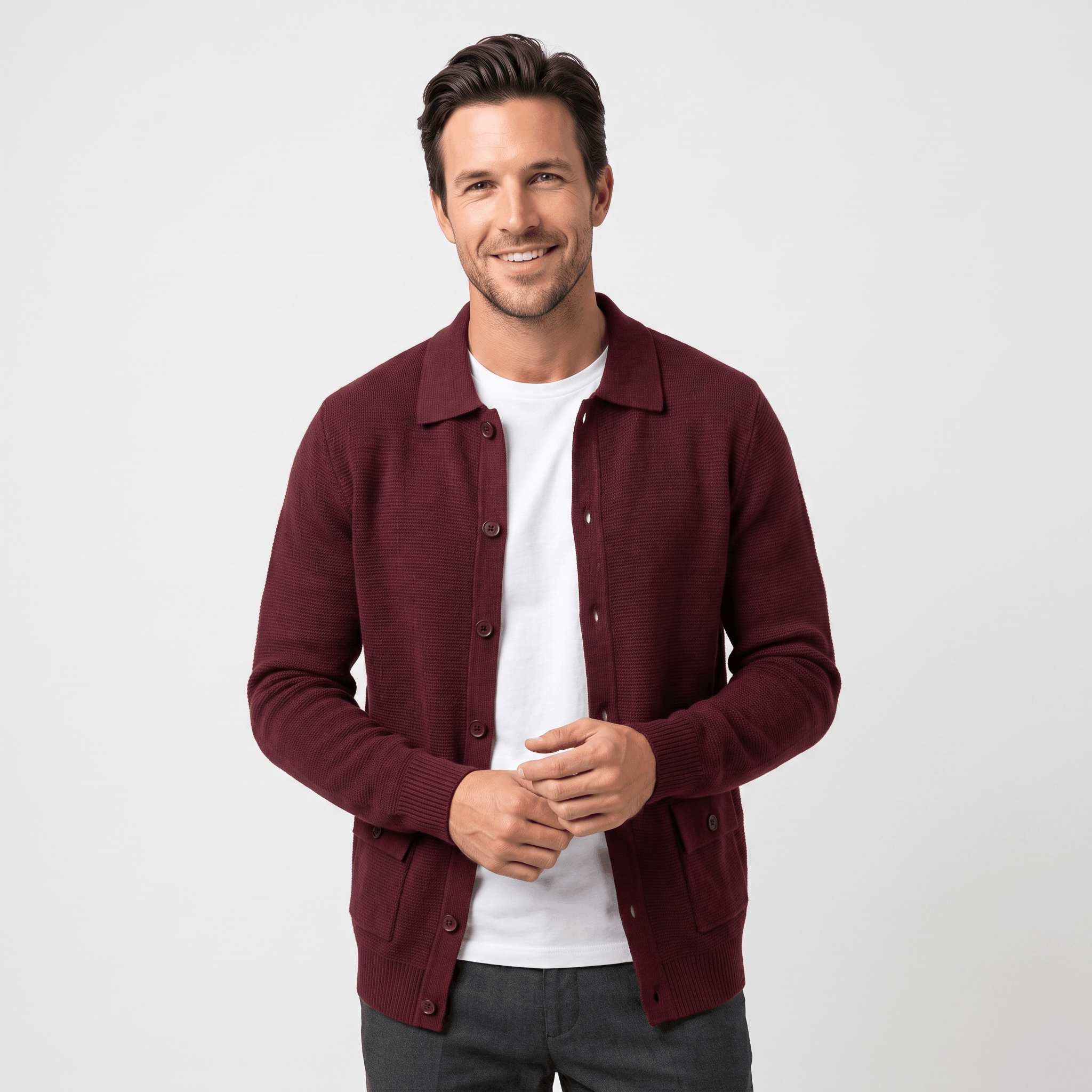 Justine Textured Knit Cardigan – Button-Front Collared Flap-Pocket Sweater