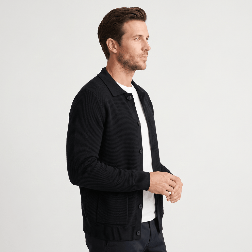 Justine Textured Knit Cardigan – Button-Front Collared Flap-Pocket Sweater