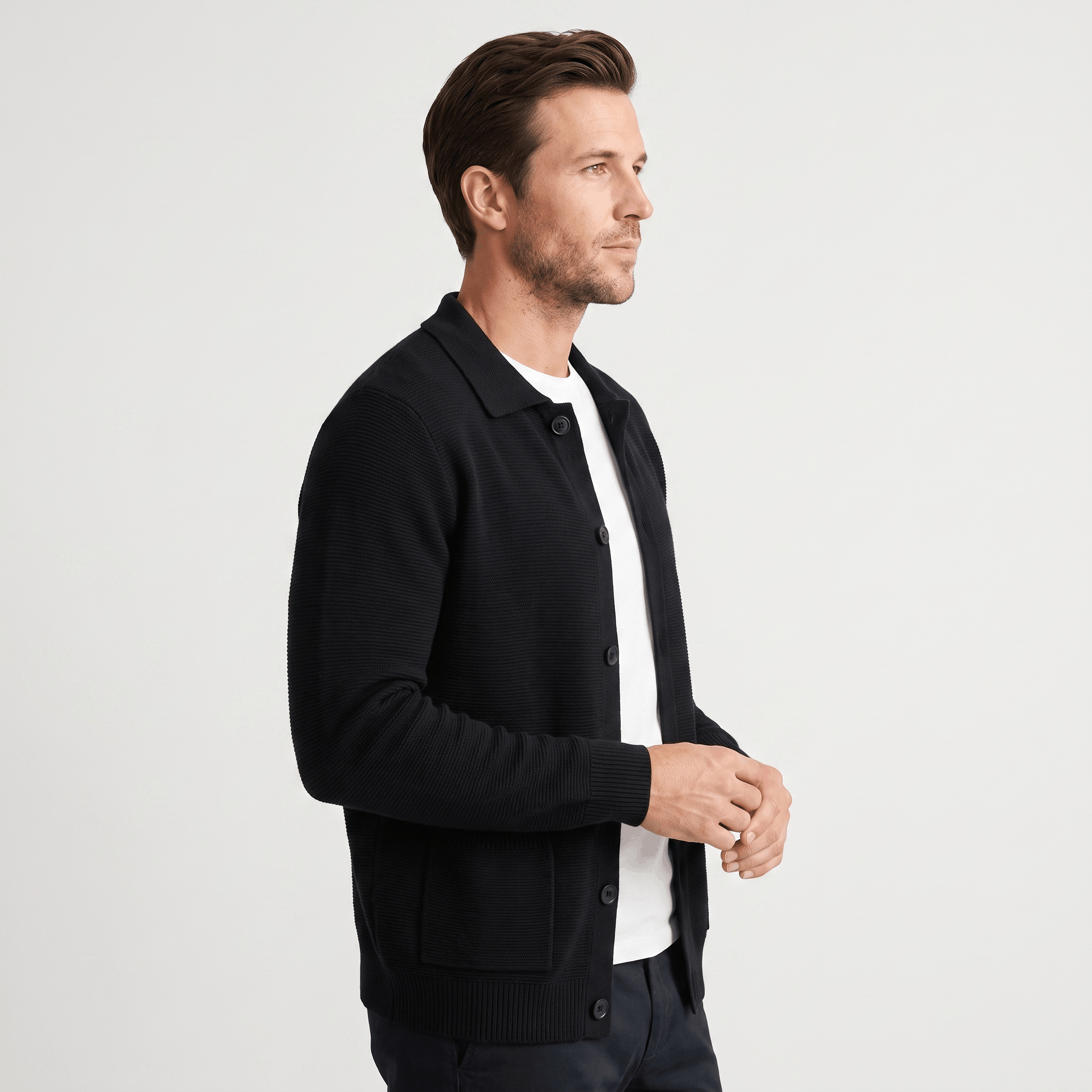 Justine Textured Knit Cardigan – Button-Front Collared Flap-Pocket Sweater