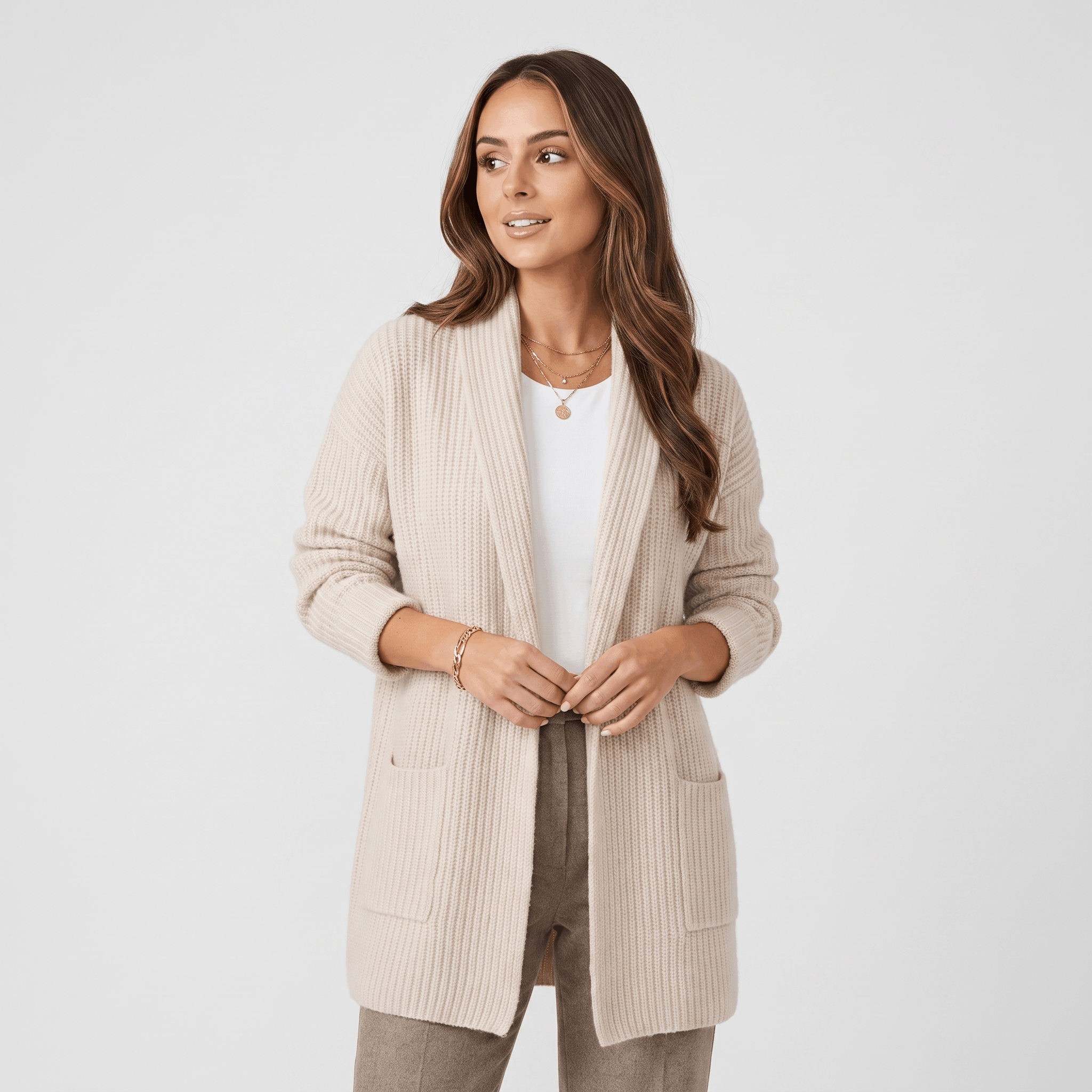 Valeria Wool-Blend Longline Cardigan – Open-Front Oversized Patch-Pocket Knitwear