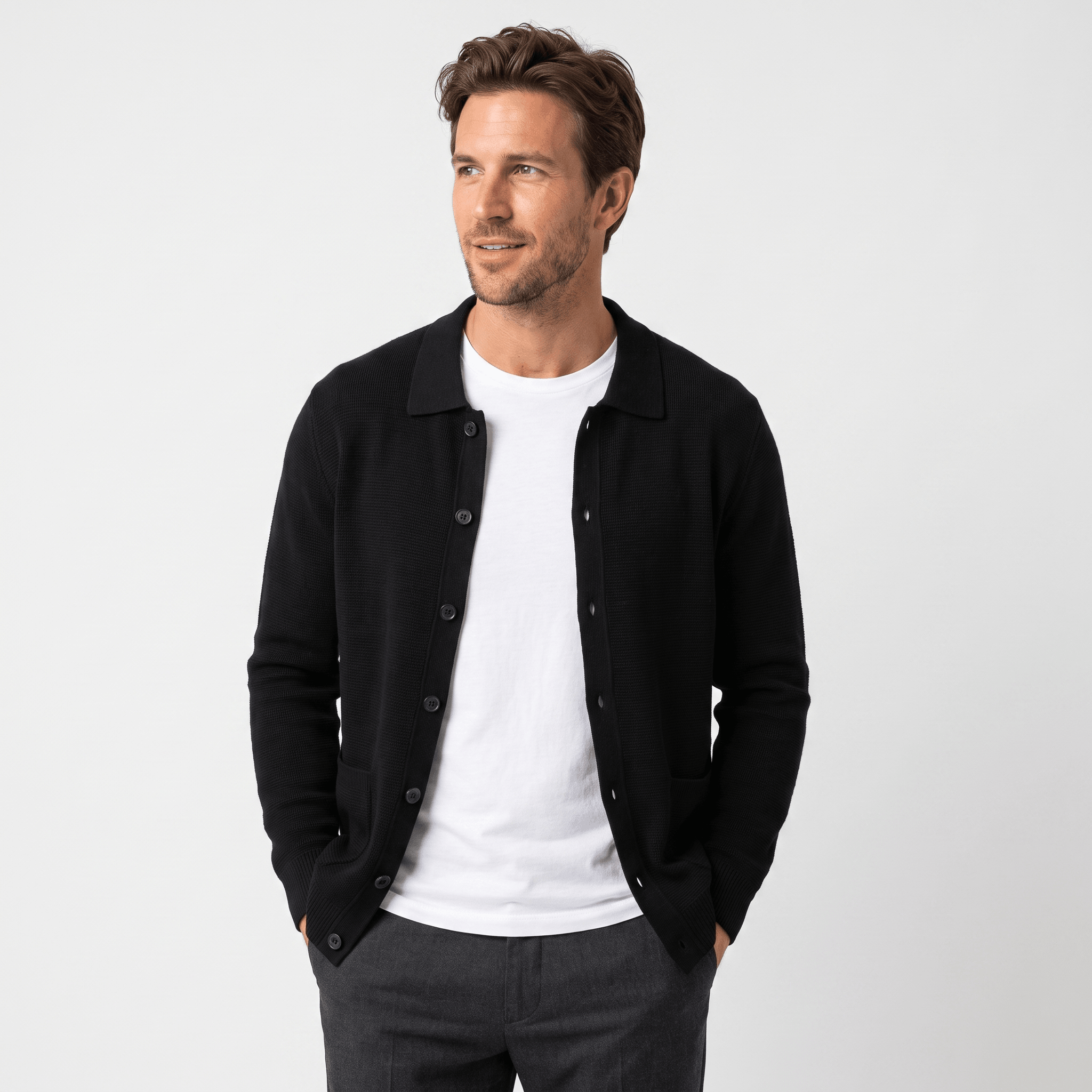 Justine Textured Knit Cardigan – Button-Front Collared Flap-Pocket Sweater