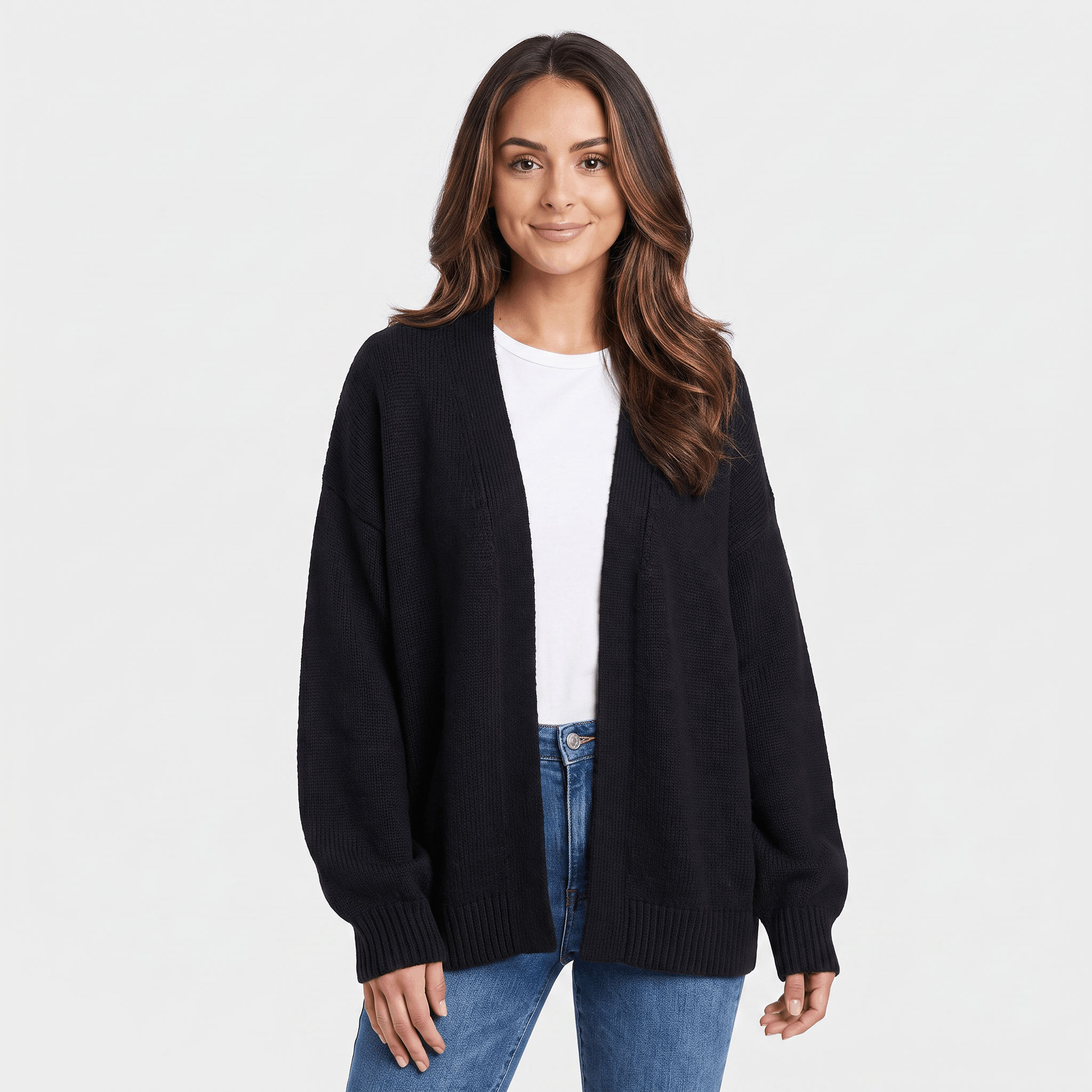Anna Chunky Knit Cardigan – Open-Front Dropped-Shoulder Relaxed-Fit Knitwear