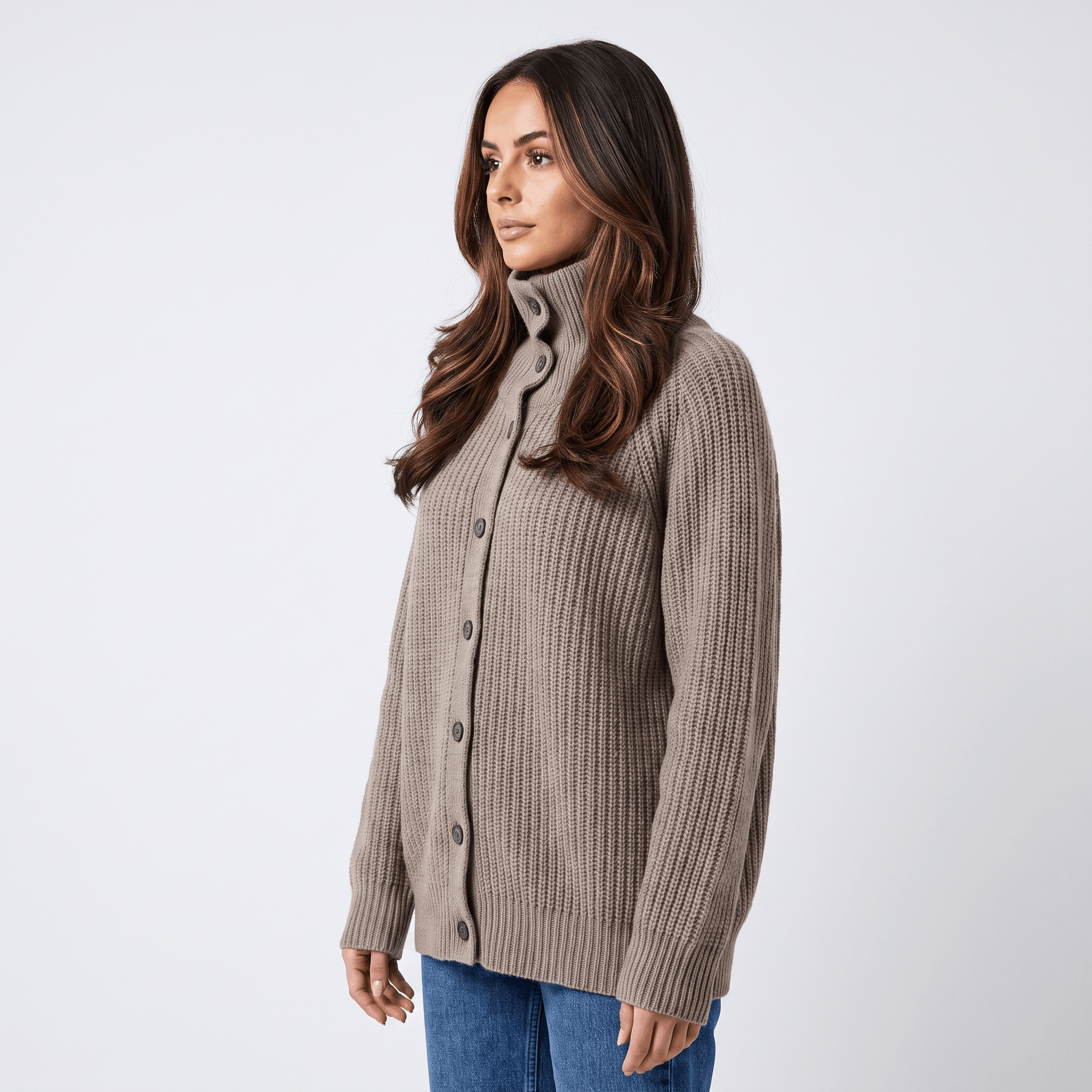Krizette Wool-Blend Cardigan – Turtleneck Button-Front Ribbed-Texture Knitwear