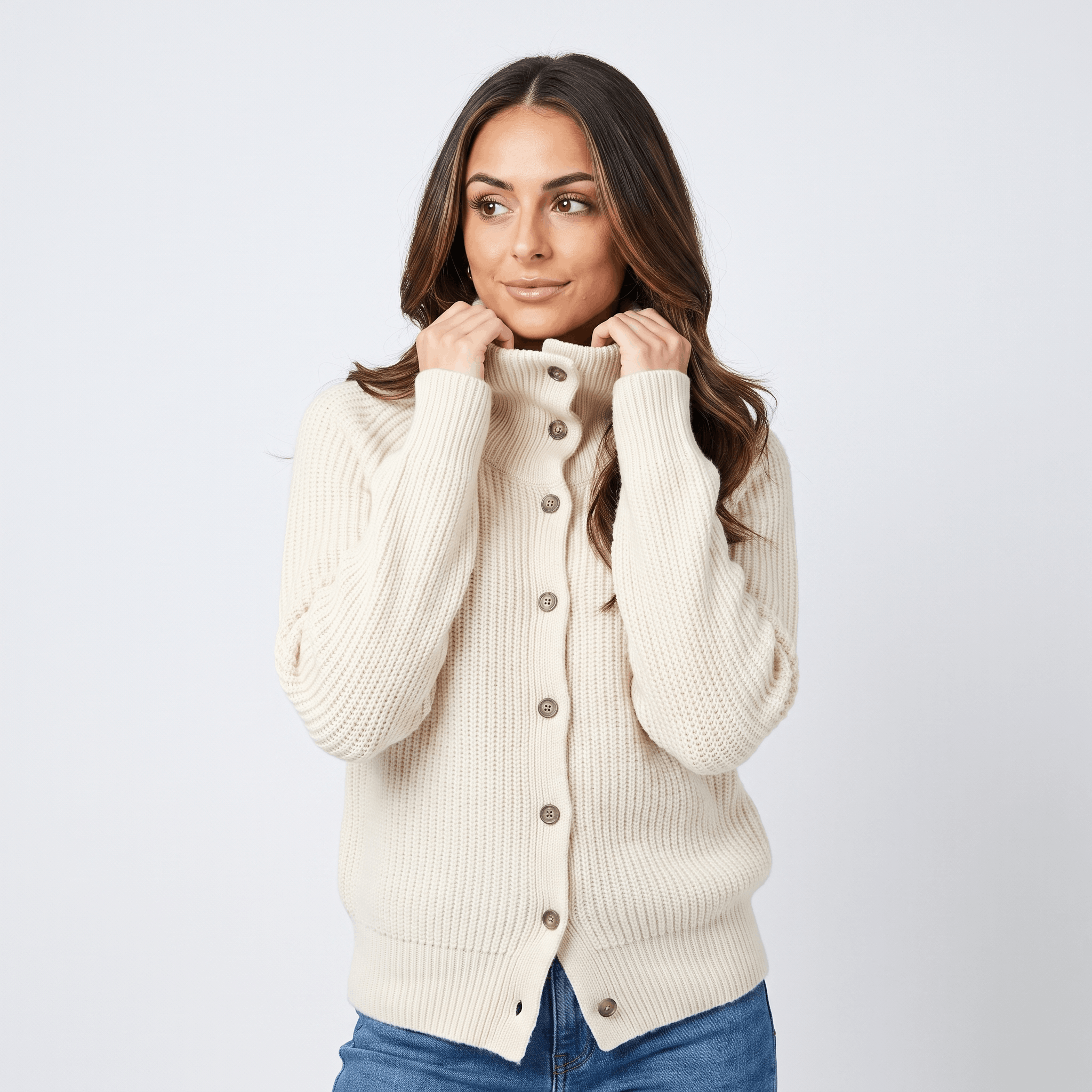 Krizette Wool-Blend Cardigan – Turtleneck Button-Front Ribbed-Texture Knitwear