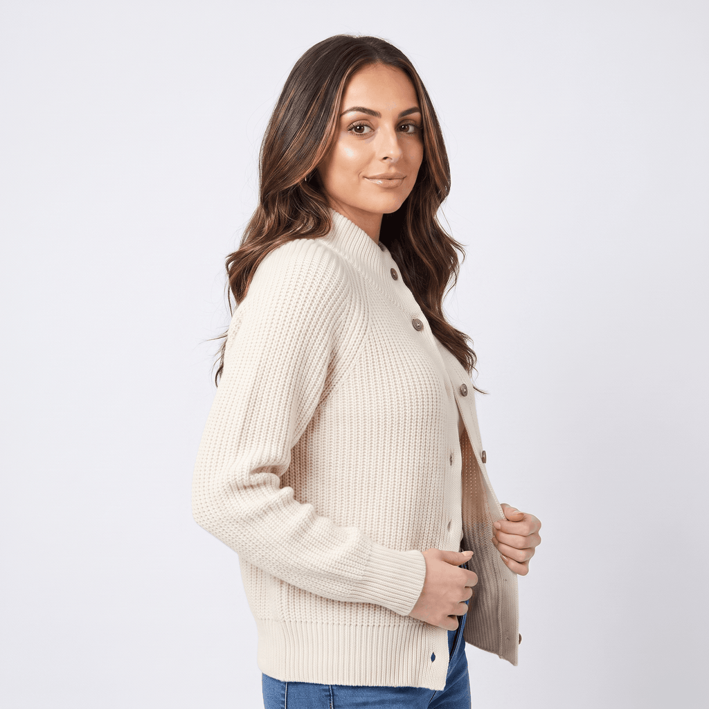 Krizette Wool-Blend Cardigan – Turtleneck Button-Front Ribbed-Texture Knitwear