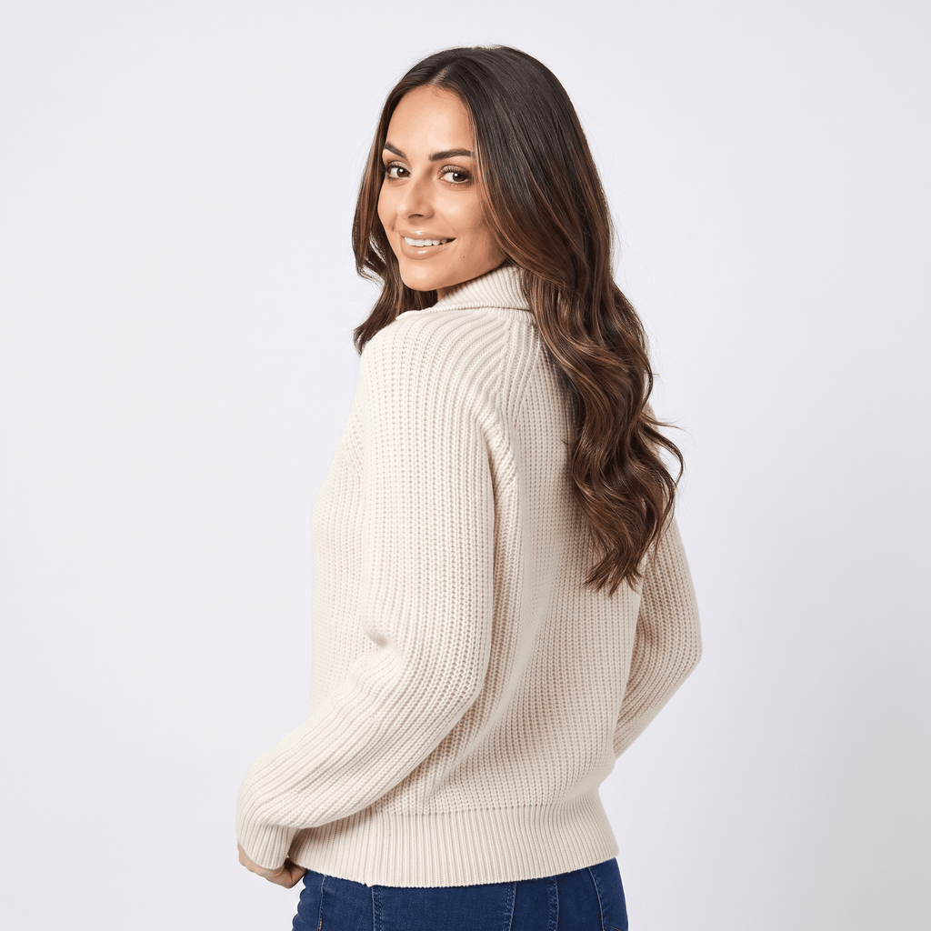 Krizette Wool-Blend Cardigan – Turtleneck Button-Front Ribbed-Texture Knitwear