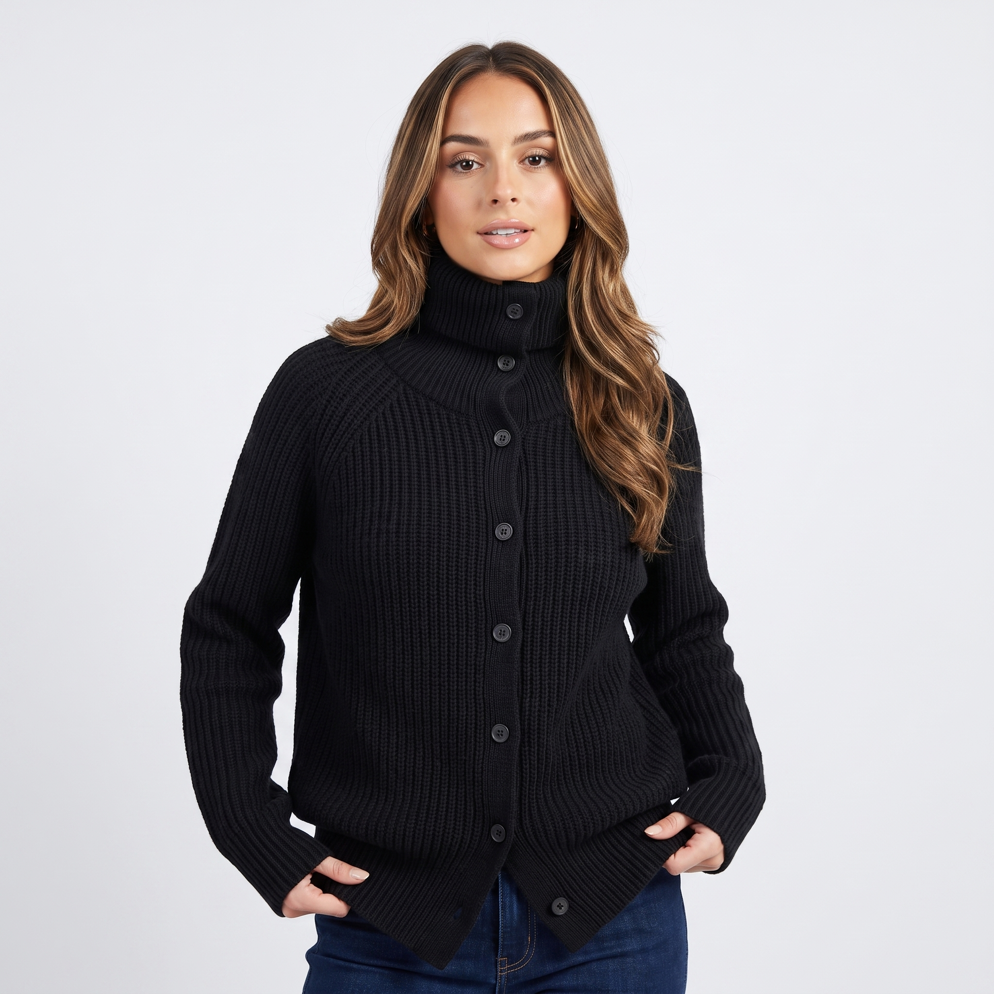 Krizette Wool-Blend Cardigan – Turtleneck Button-Front Ribbed-Texture Knitwear