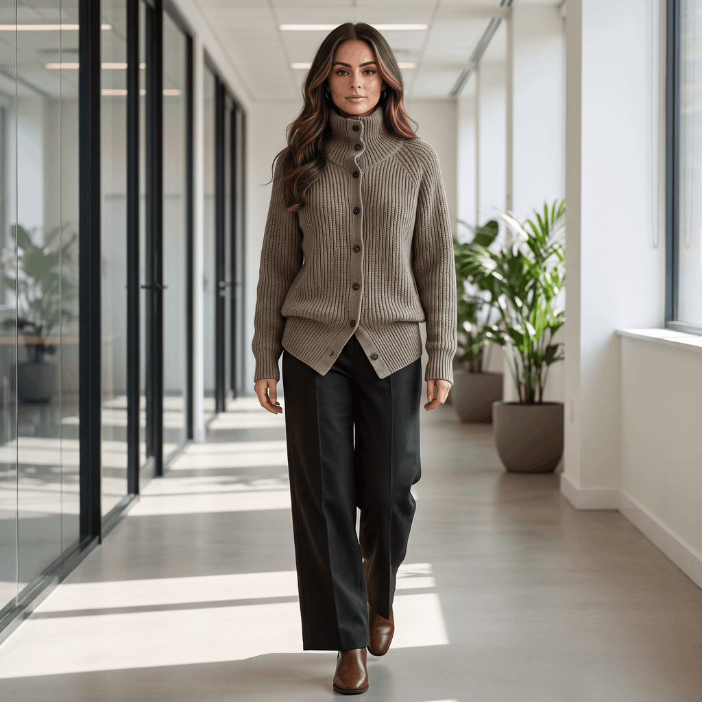 Krizette Wool-Blend Cardigan – Turtleneck Button-Front Ribbed-Texture Knitwear