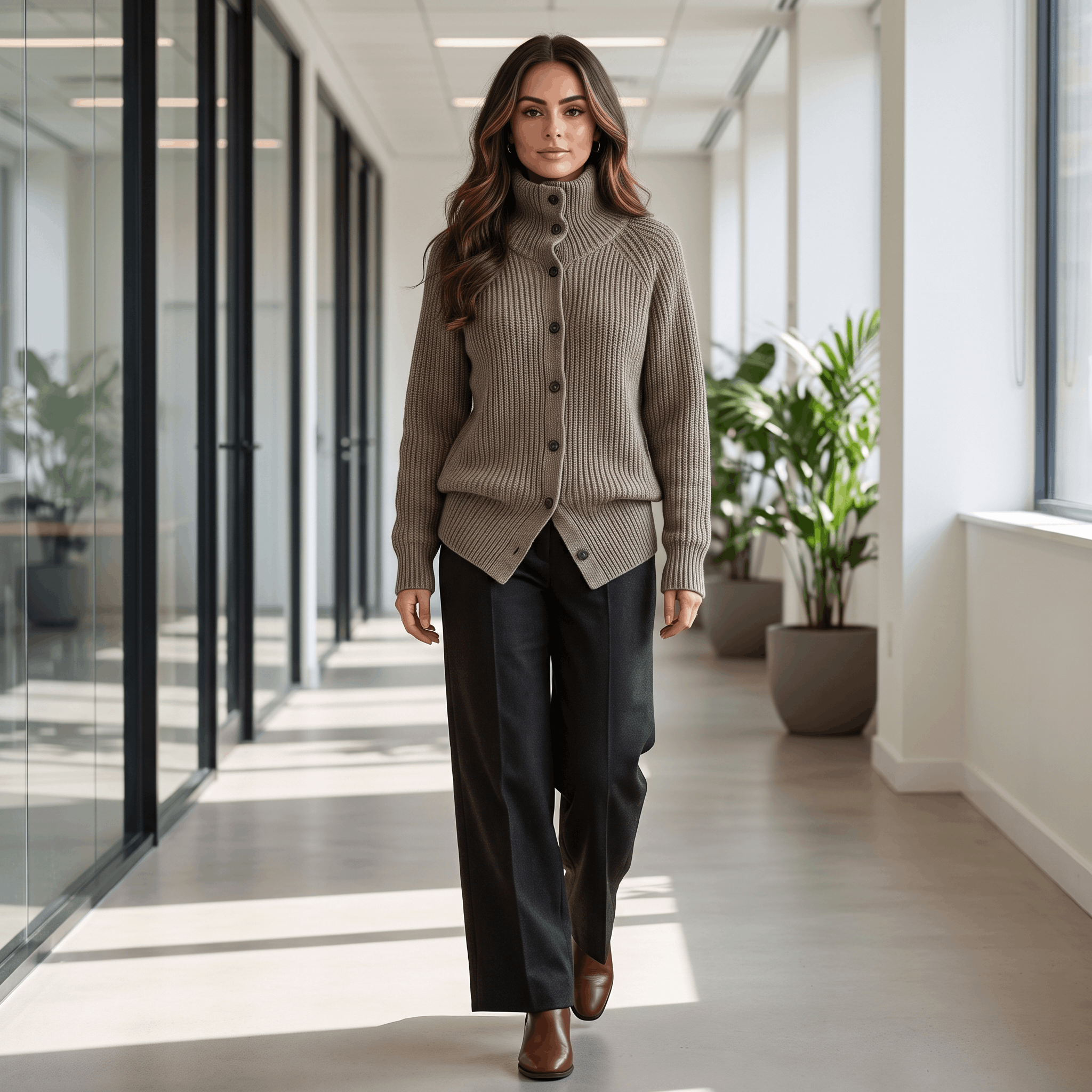 Krizette Wool-Blend Cardigan – Turtleneck Button-Front Ribbed-Texture Knitwear