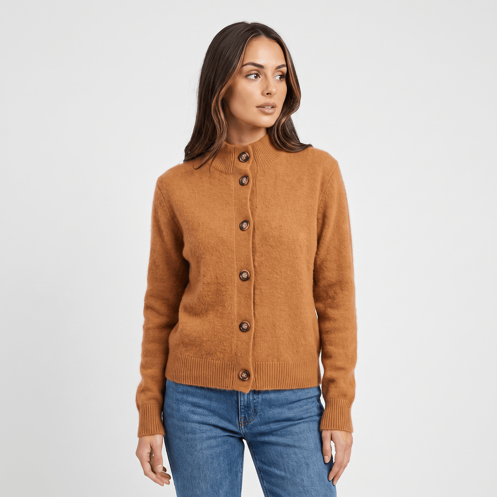 Shaina Soft Wool-Blend Cardigan – Mock-Neck Button-Front Relaxed-Fit Knitwear