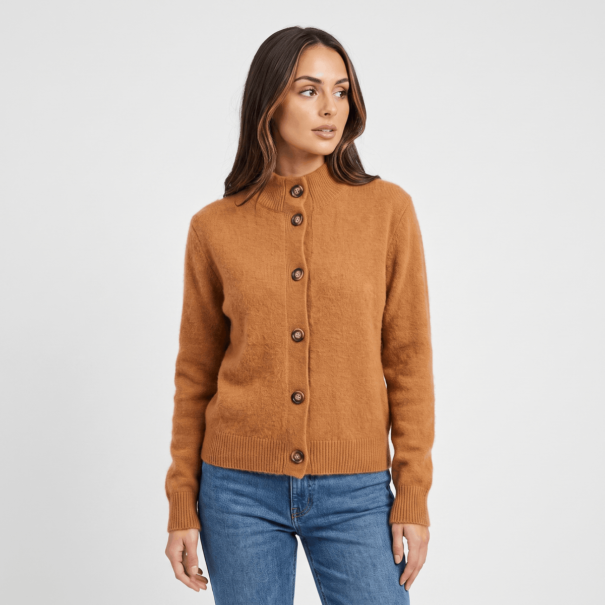 Shaina Soft Wool-Blend Cardigan – Mock-Neck Button-Front Relaxed-Fit Knitwear