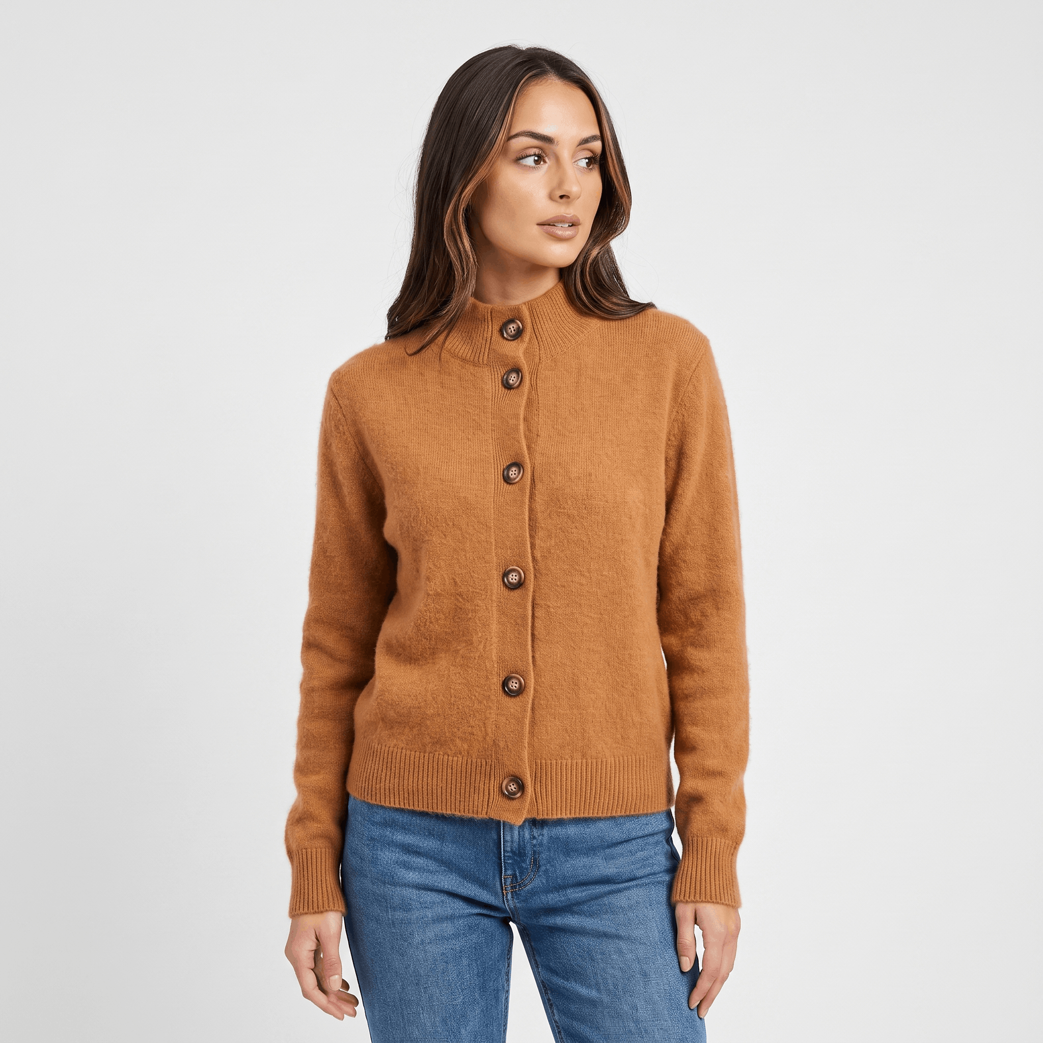 Shaina Soft Wool-Blend Cardigan – Mock-Neck Button-Front Relaxed-Fit Knitwear