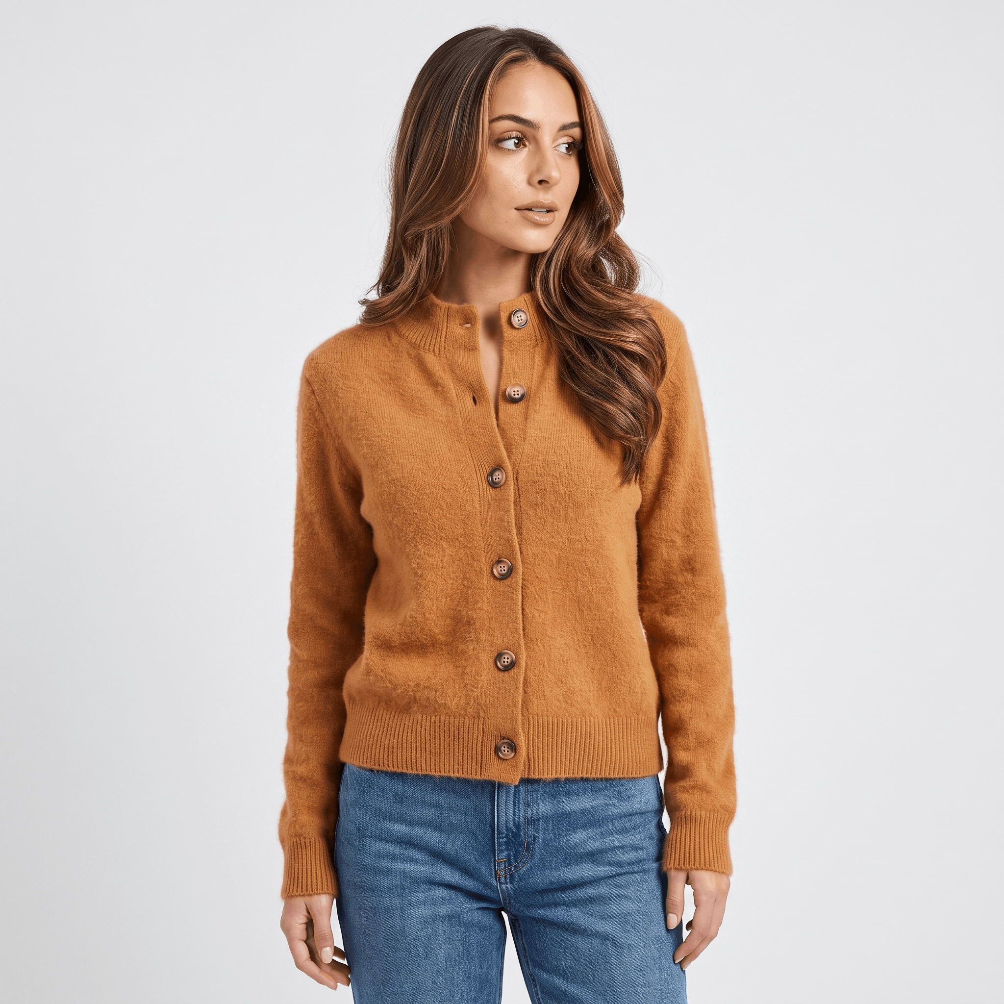 Shaina Soft Wool-Blend Cardigan – Mock-Neck Button-Front Relaxed-Fit Knitwear