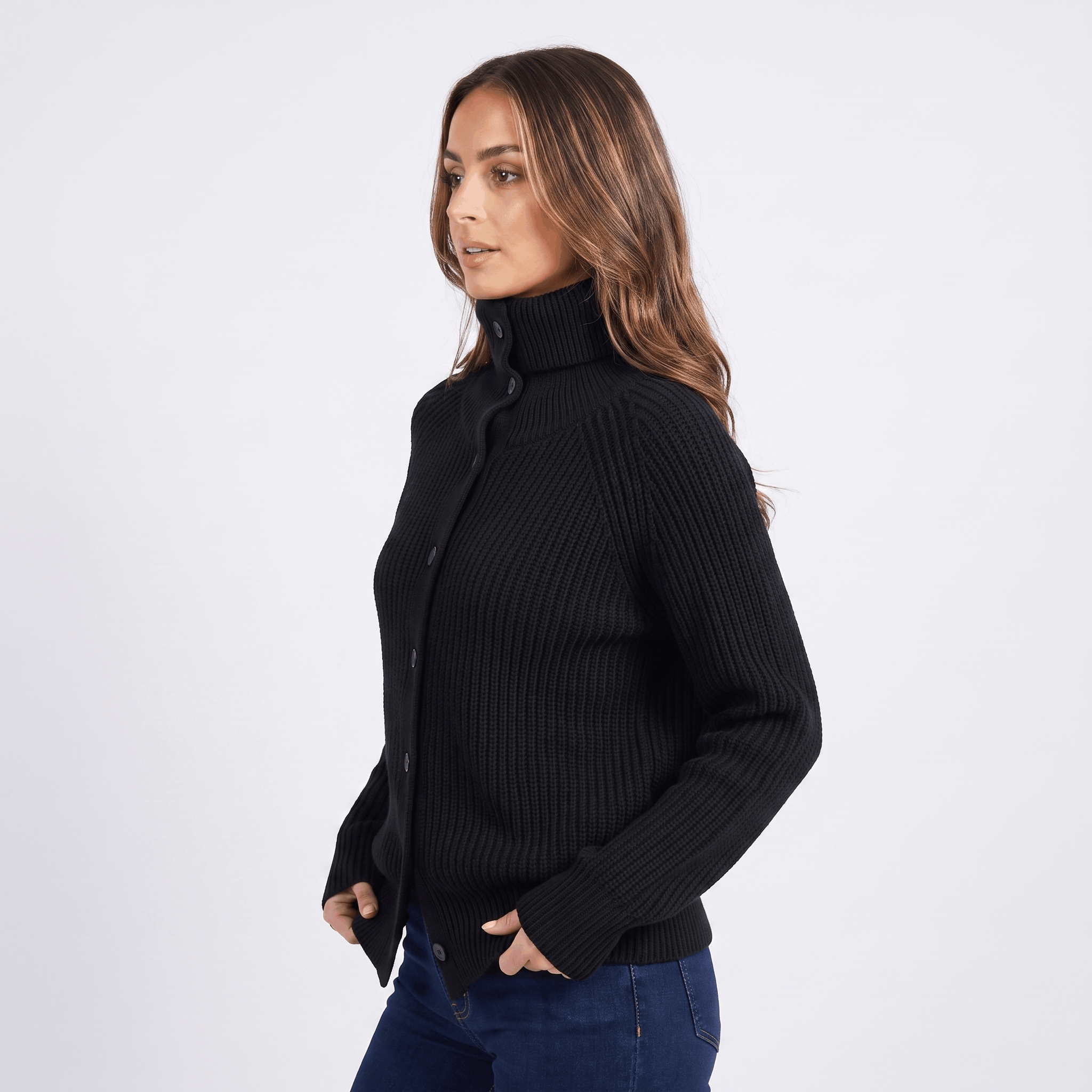 Krizette Wool-Blend Cardigan – Turtleneck Button-Front Ribbed-Texture Knitwear