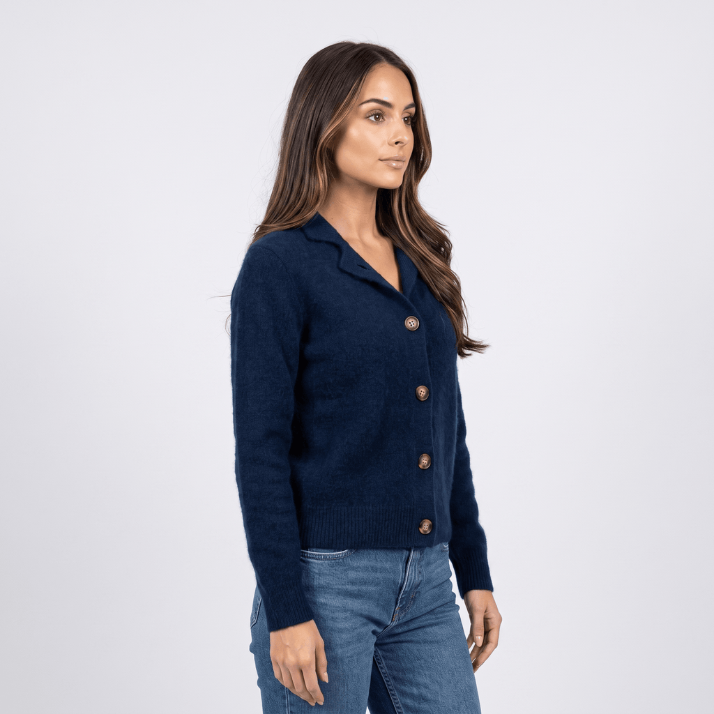 Shaina Soft Wool-Blend Cardigan – Mock-Neck Button-Front Relaxed-Fit Knitwear
