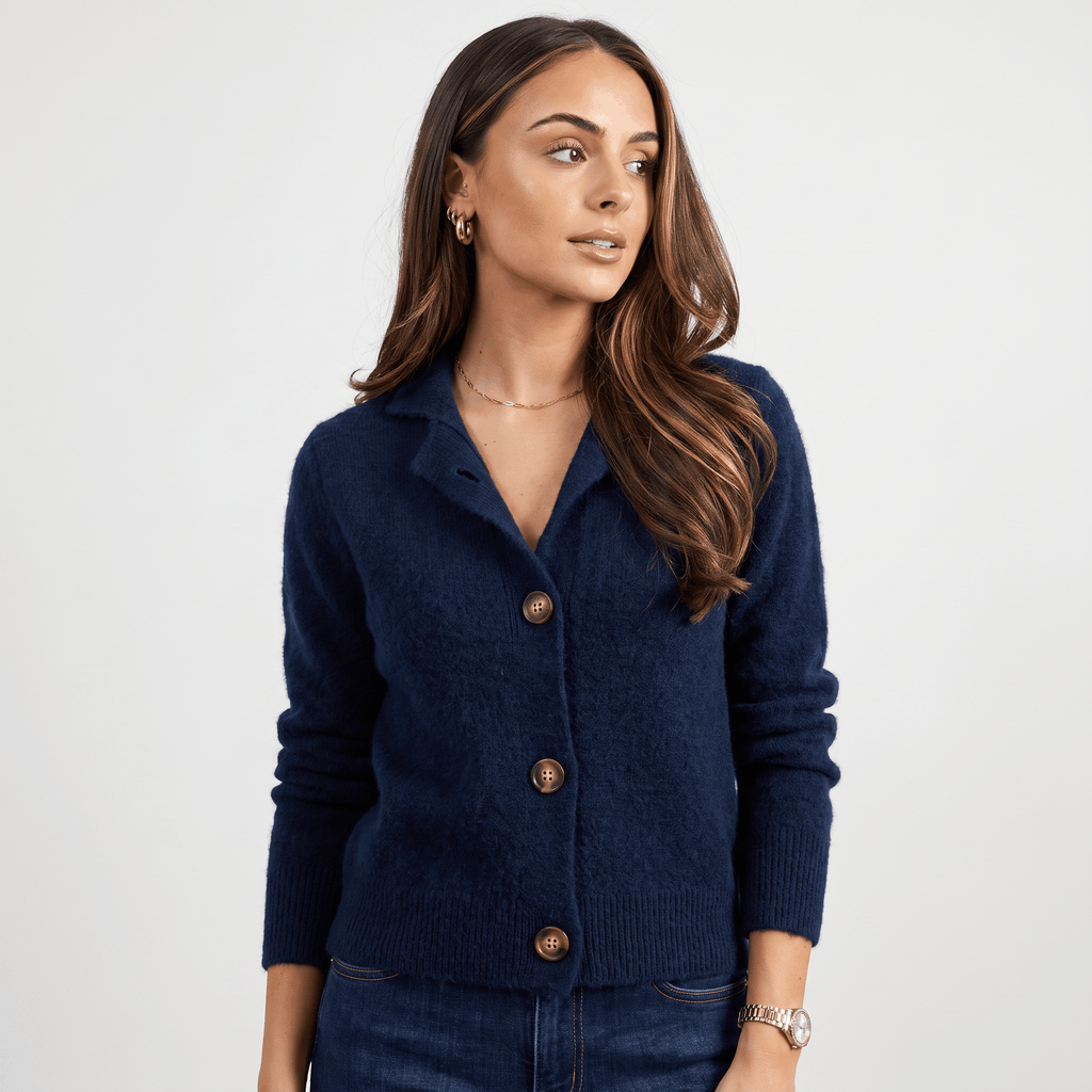 Shaina Soft Wool-Blend Cardigan – Mock-Neck Button-Front Relaxed-Fit Knitwear