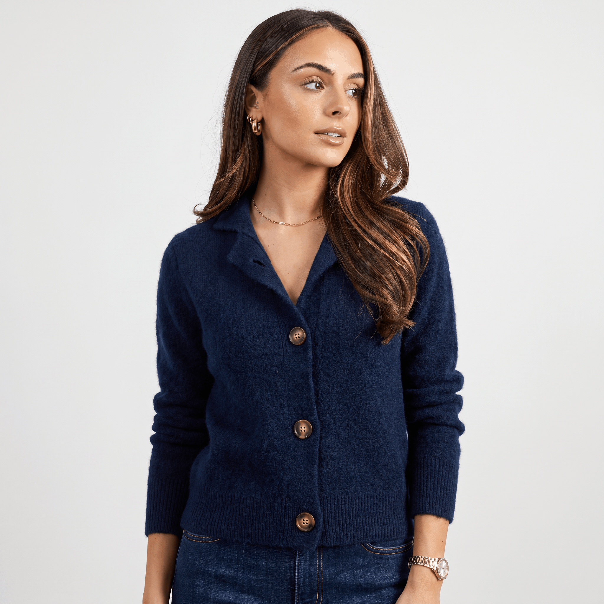 Shaina Soft Wool-Blend Cardigan – Mock-Neck Button-Front Relaxed-Fit Knitwear