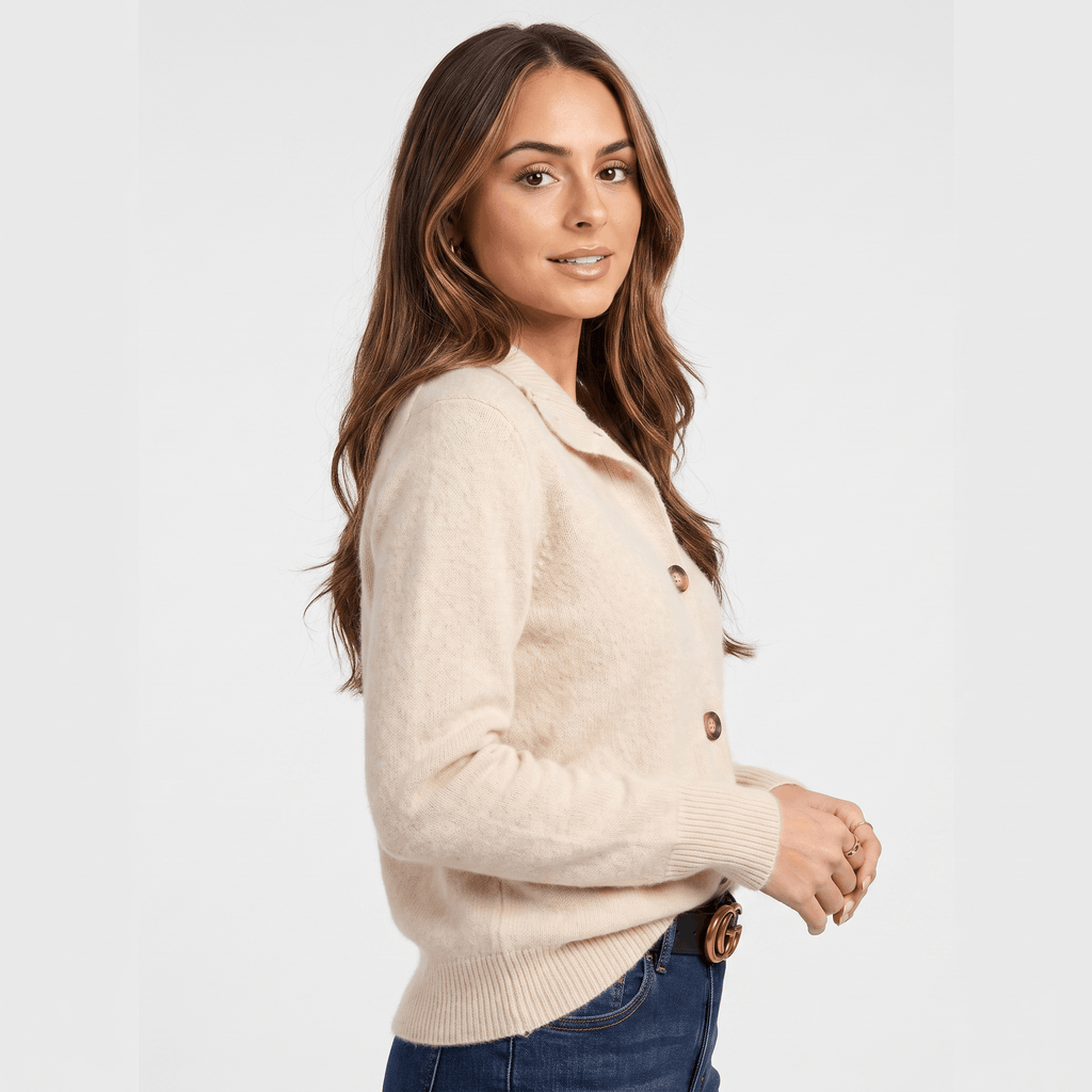 Shaina Soft Wool-Blend Cardigan – Mock-Neck Button-Front Relaxed-Fit Knitwear