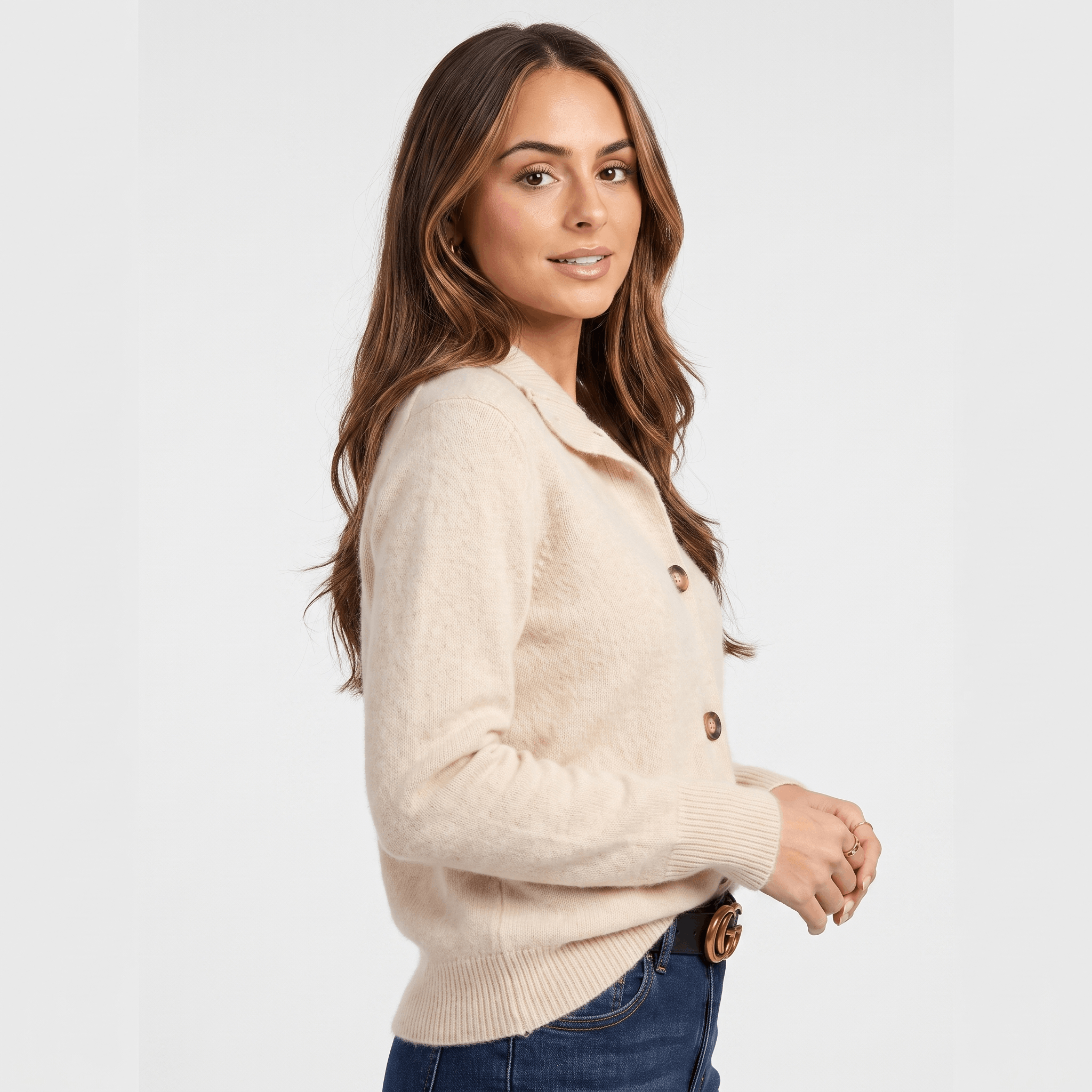 Shaina Soft Wool-Blend Cardigan – Mock-Neck Button-Front Relaxed-Fit Knitwear