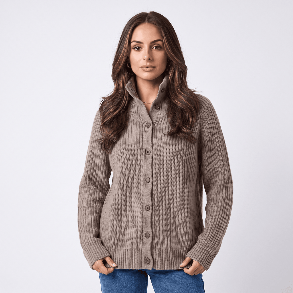 Krizette Wool-Blend Cardigan – Turtleneck Button-Front Ribbed-Texture Knitwear