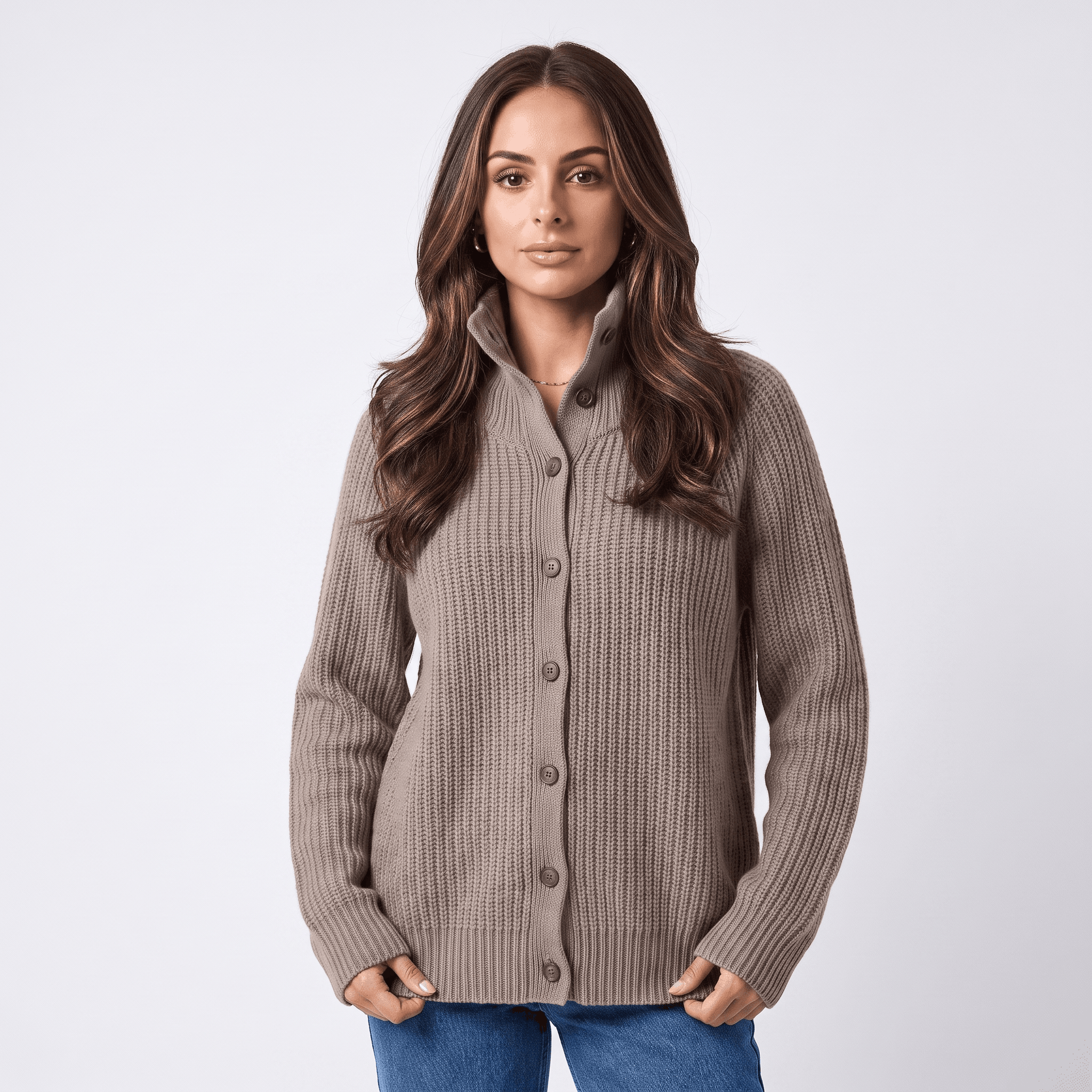 Krizette Wool-Blend Cardigan – Turtleneck Button-Front Ribbed-Texture Knitwear