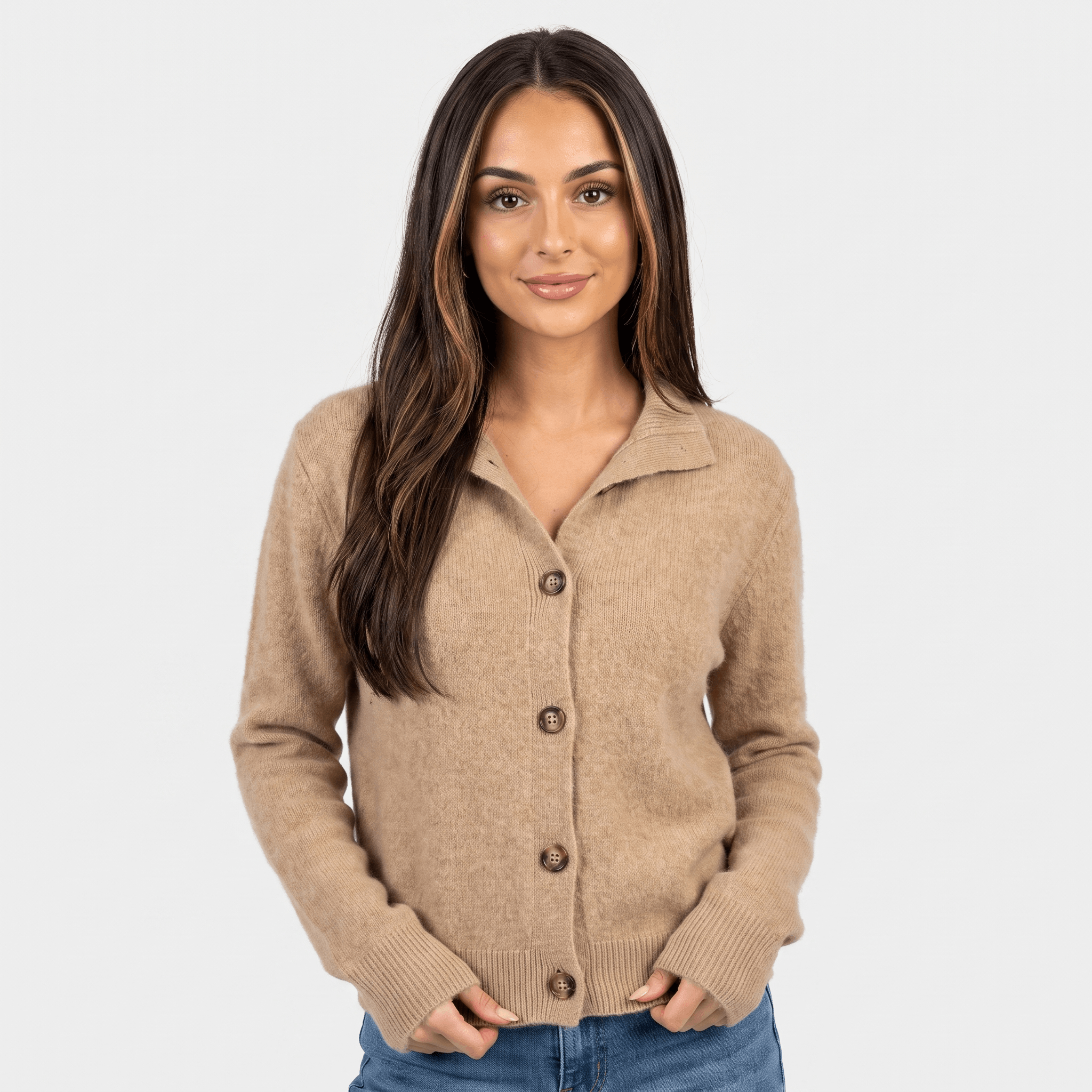 Shaina Soft Wool-Blend Cardigan – Mock-Neck Button-Front Relaxed-Fit Knitwear