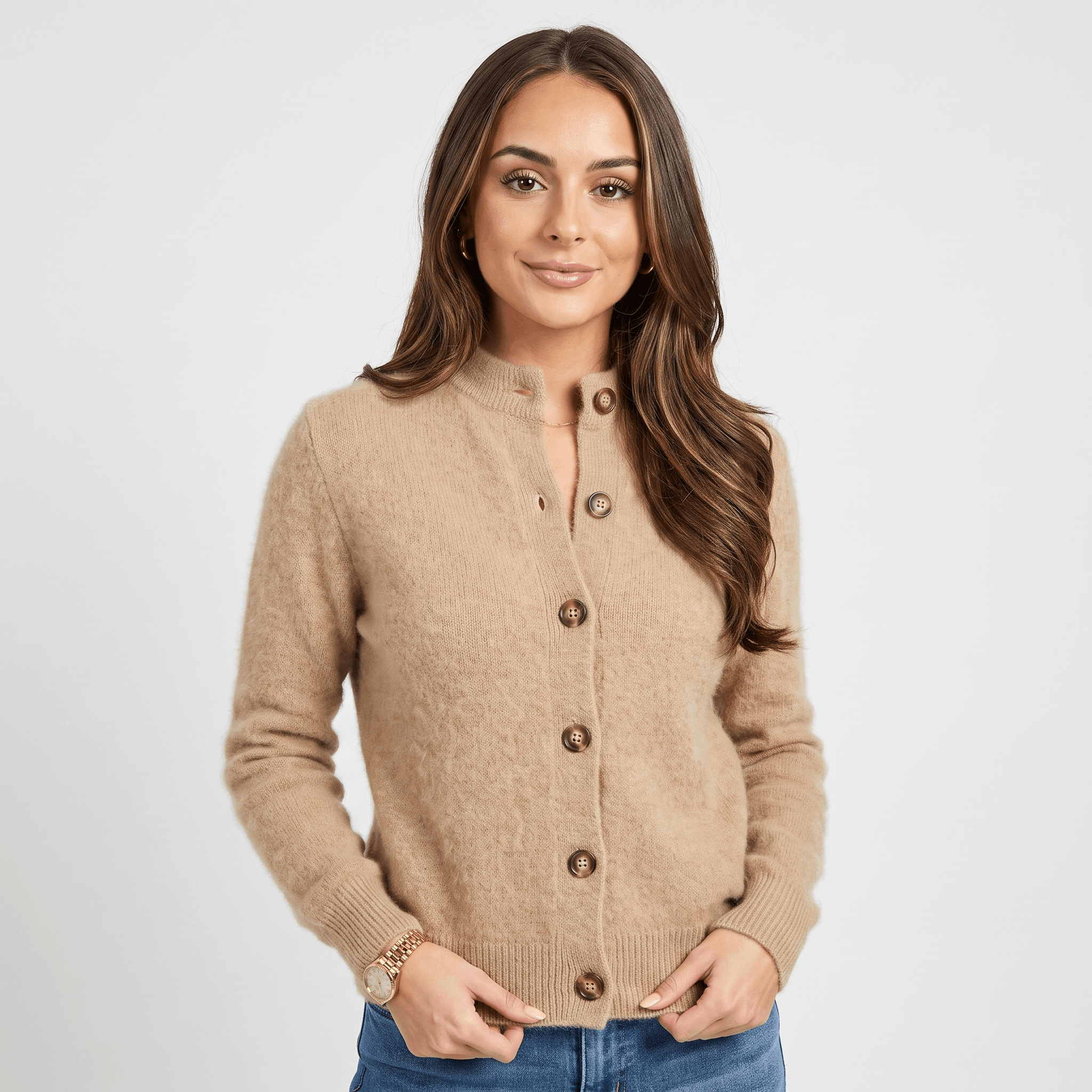 Shaina Soft Wool-Blend Cardigan – Mock-Neck Button-Front Relaxed-Fit Knitwear