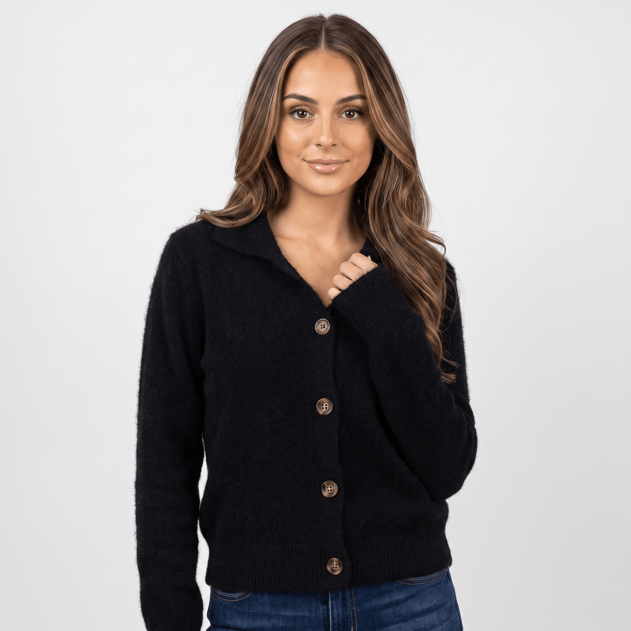Shaina Soft Wool-Blend Cardigan – Mock-Neck Button-Front Relaxed-Fit Knitwear