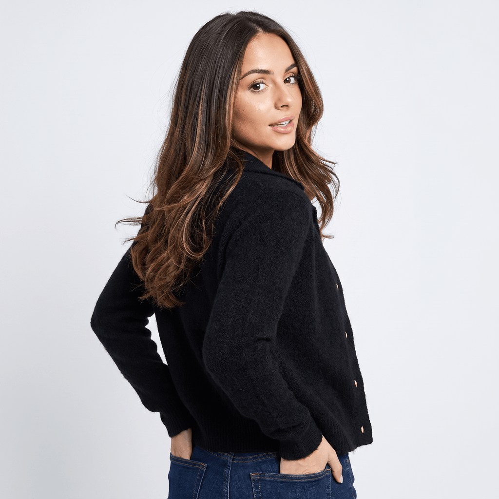Shaina Soft Wool-Blend Cardigan – Mock-Neck Button-Front Relaxed-Fit Knitwear