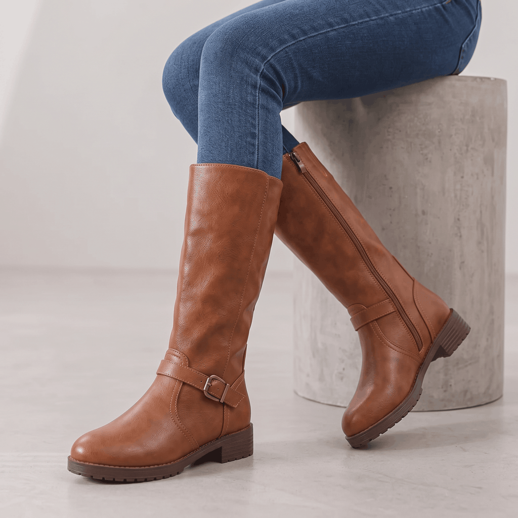 Emilia Leather Knee-High Boots – Buckle-Strap Side-Zip Lug-Sole Footwear