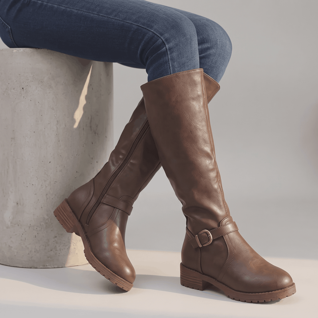 Emilia Leather Knee-High Boots – Buckle-Strap Side-Zip Lug-Sole Footwear