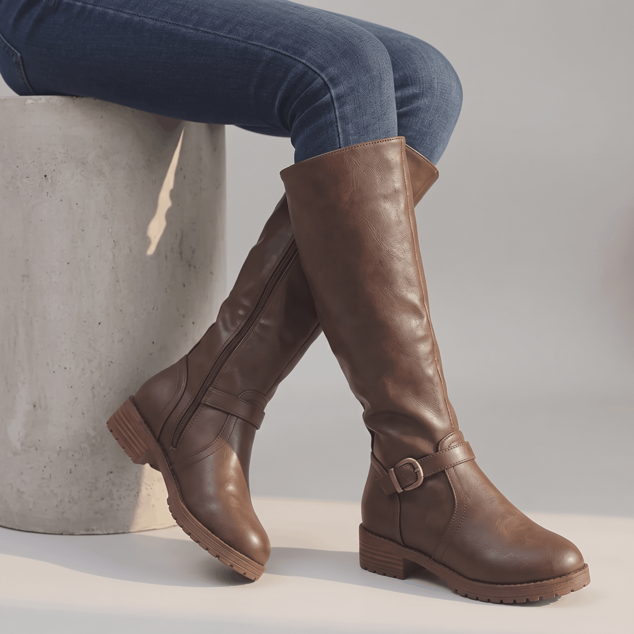 Emilia Leather Knee-High Boots – Buckle-Strap Side-Zip Lug-Sole Footwear