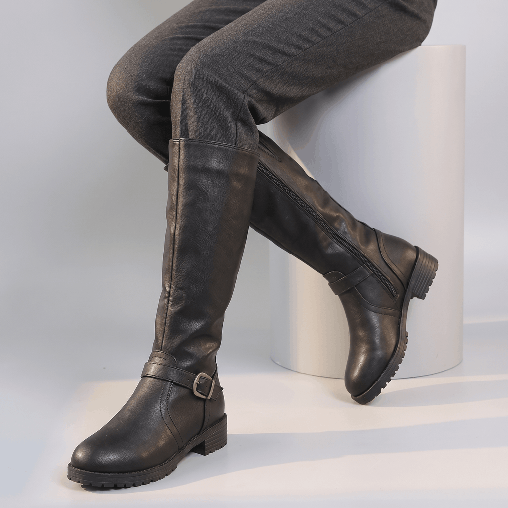 Emilia Leather Knee-High Boots – Buckle-Strap Side-Zip Lug-Sole Footwear