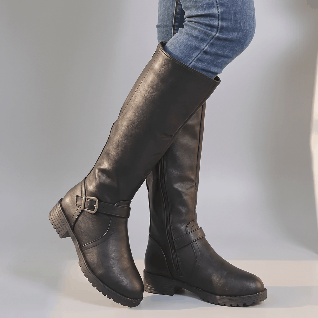 Emilia Leather Knee-High Boots – Buckle-Strap Side-Zip Lug-Sole Footwear