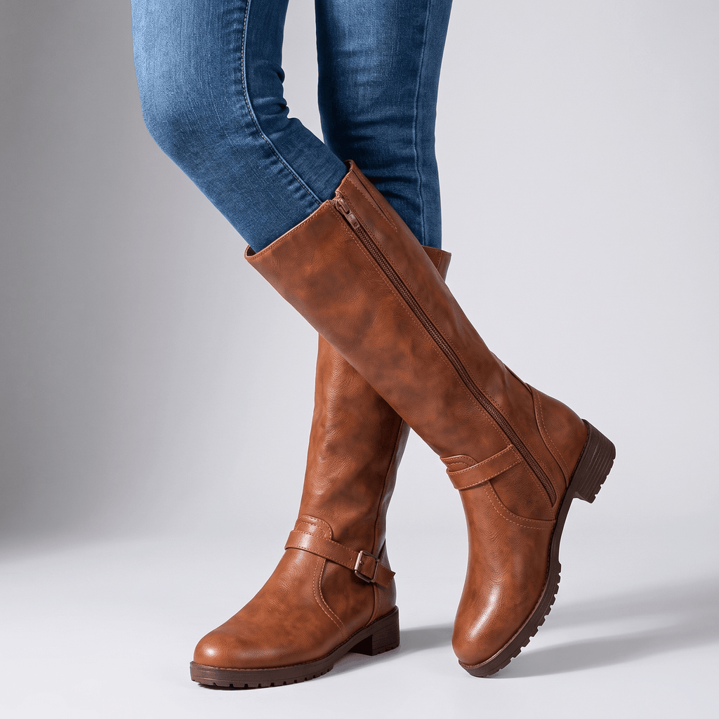 Emilia Leather Knee-High Boots – Buckle-Strap Side-Zip Lug-Sole Footwear