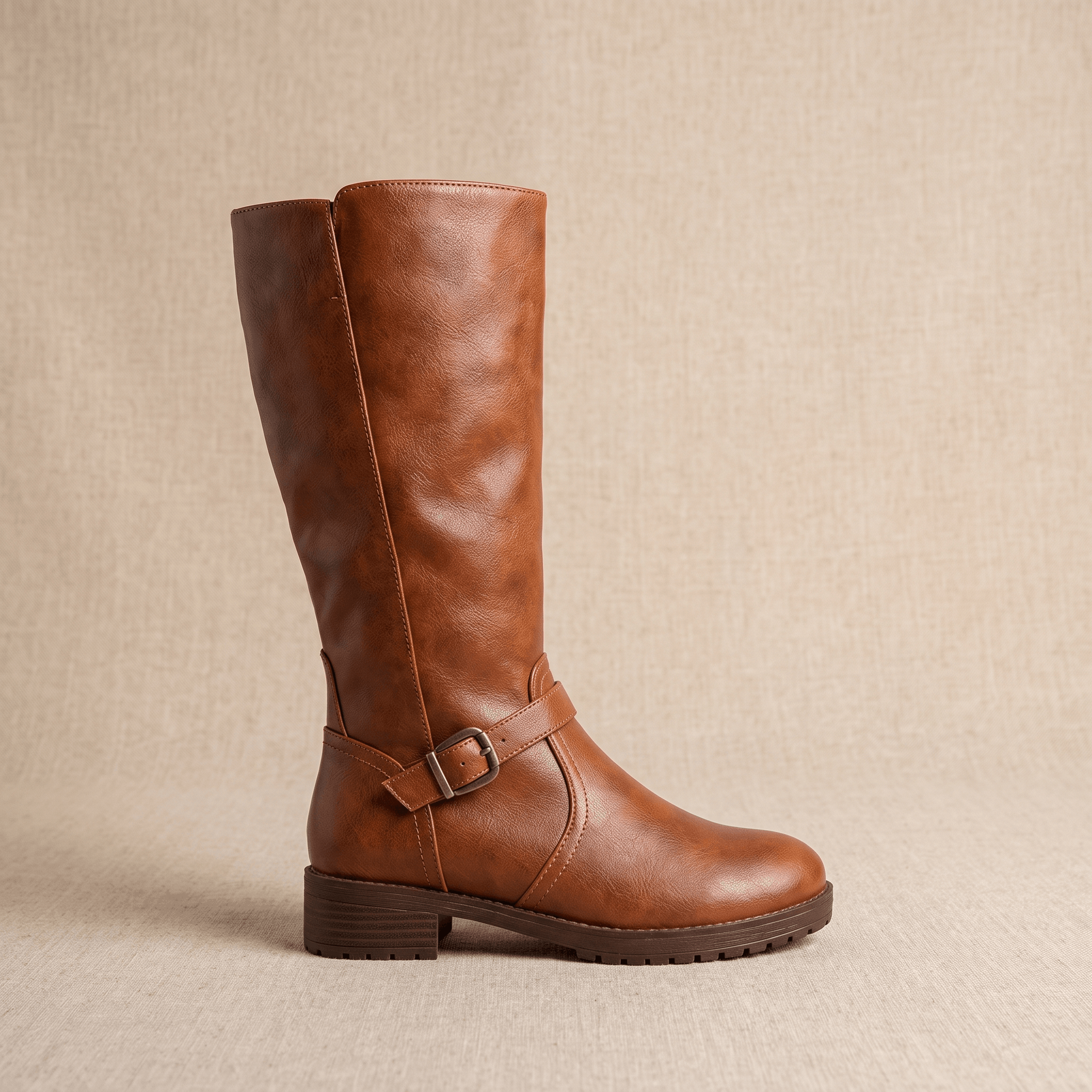 Emilia Leather Knee-High Boots – Buckle-Strap Side-Zip Lug-Sole Footwear