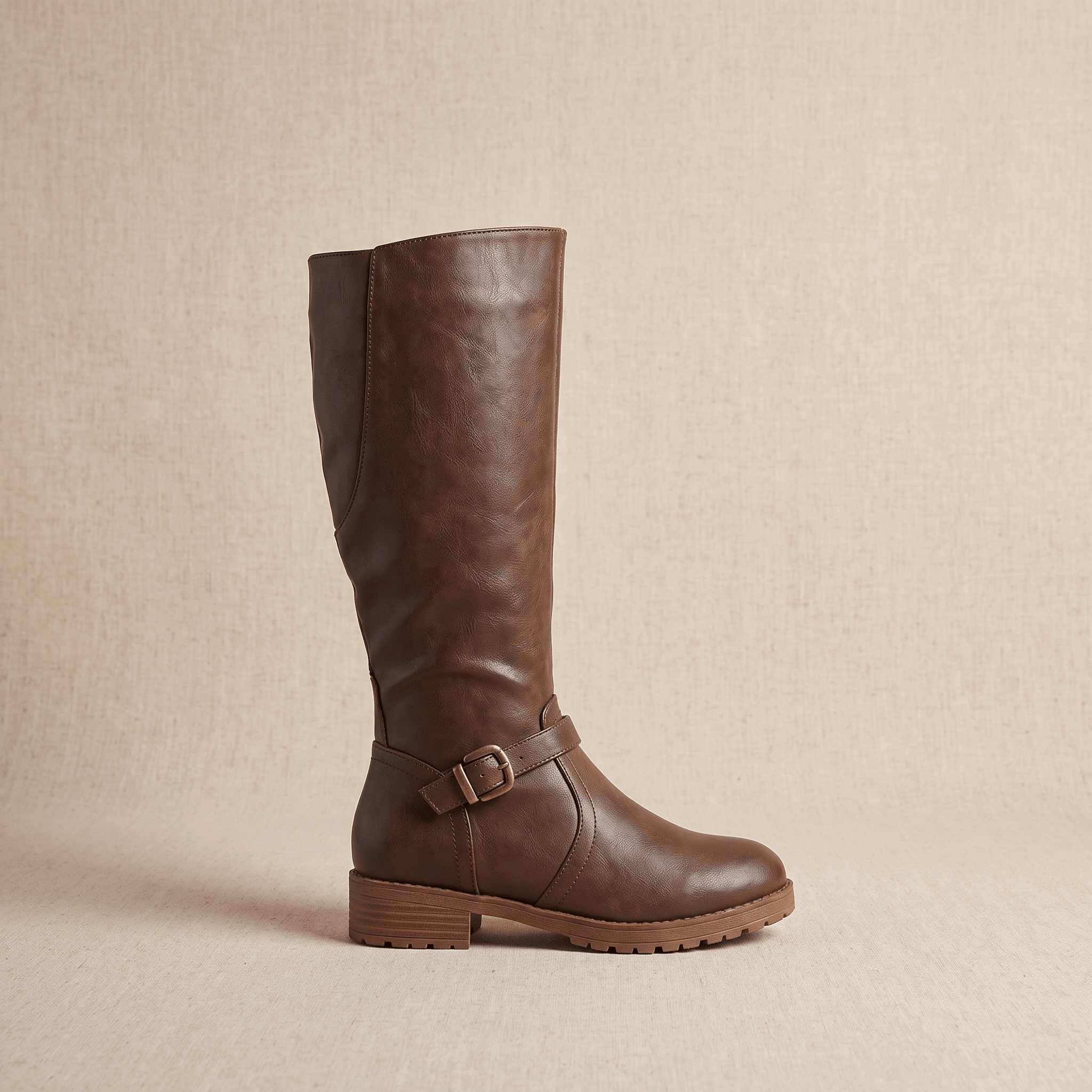 Emilia Leather Knee-High Boots – Buckle-Strap Side-Zip Lug-Sole Footwear