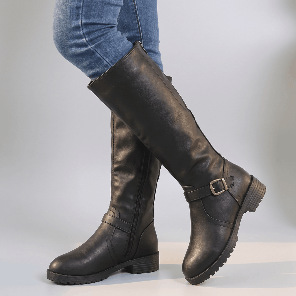 Emilia Leather Knee-High Boots – Buckle-Strap Side-Zip Lug-Sole Footwear