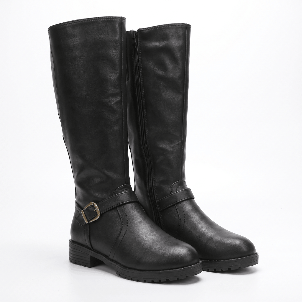 Emilia Leather Knee-High Boots – Buckle-Strap Side-Zip Lug-Sole Footwear