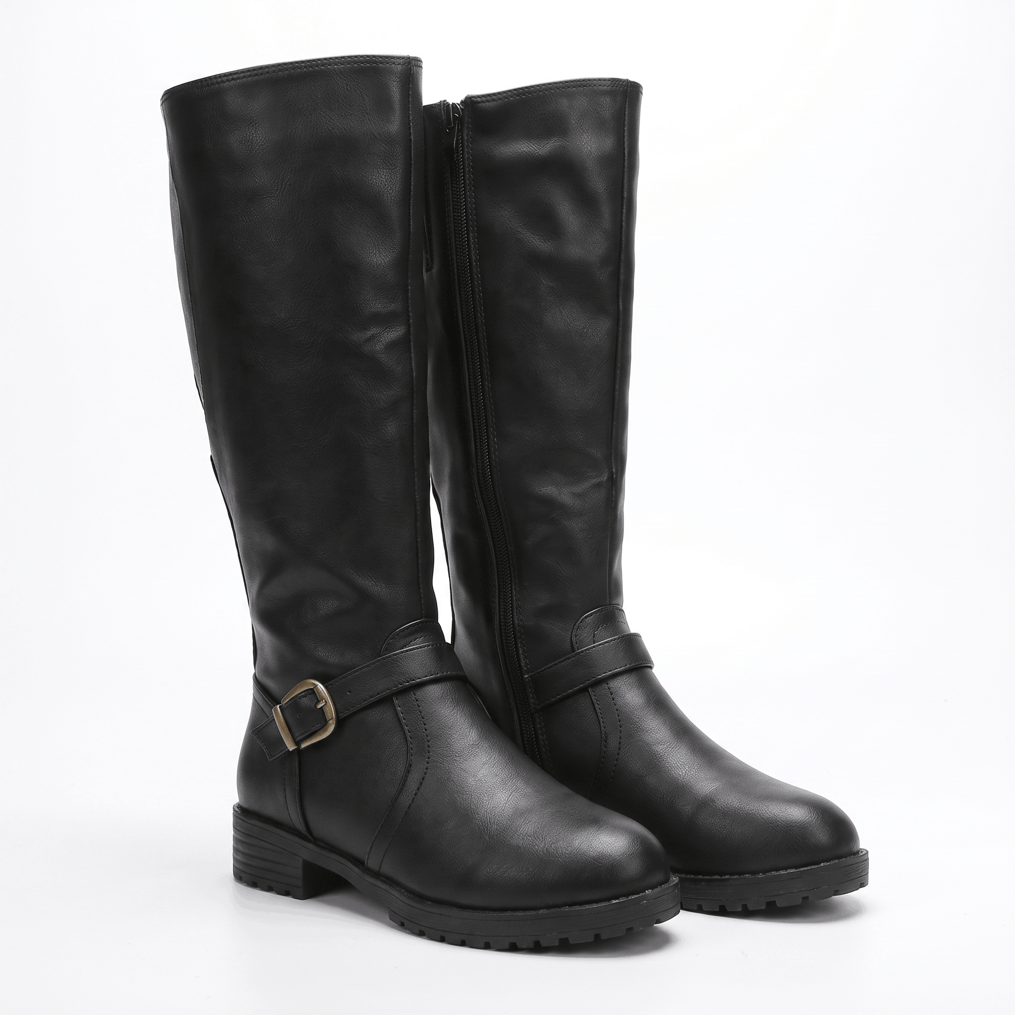 Emilia Leather Knee-High Boots – Buckle-Strap Side-Zip Lug-Sole Footwear