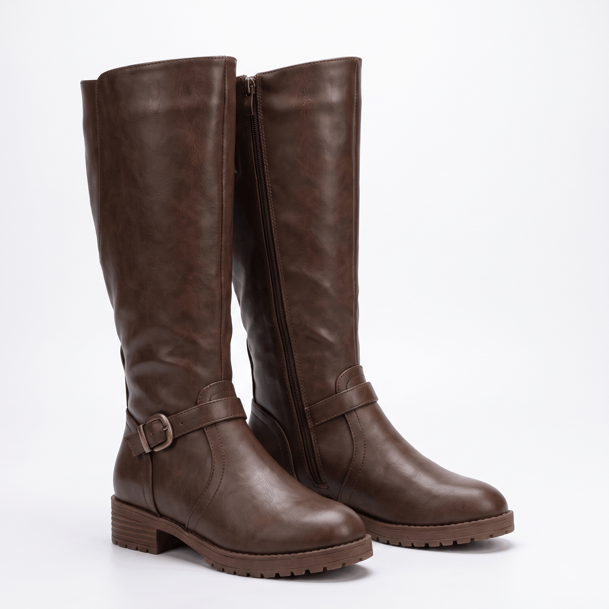 Emilia Leather Knee-High Boots – Buckle-Strap Side-Zip Lug-Sole Footwear