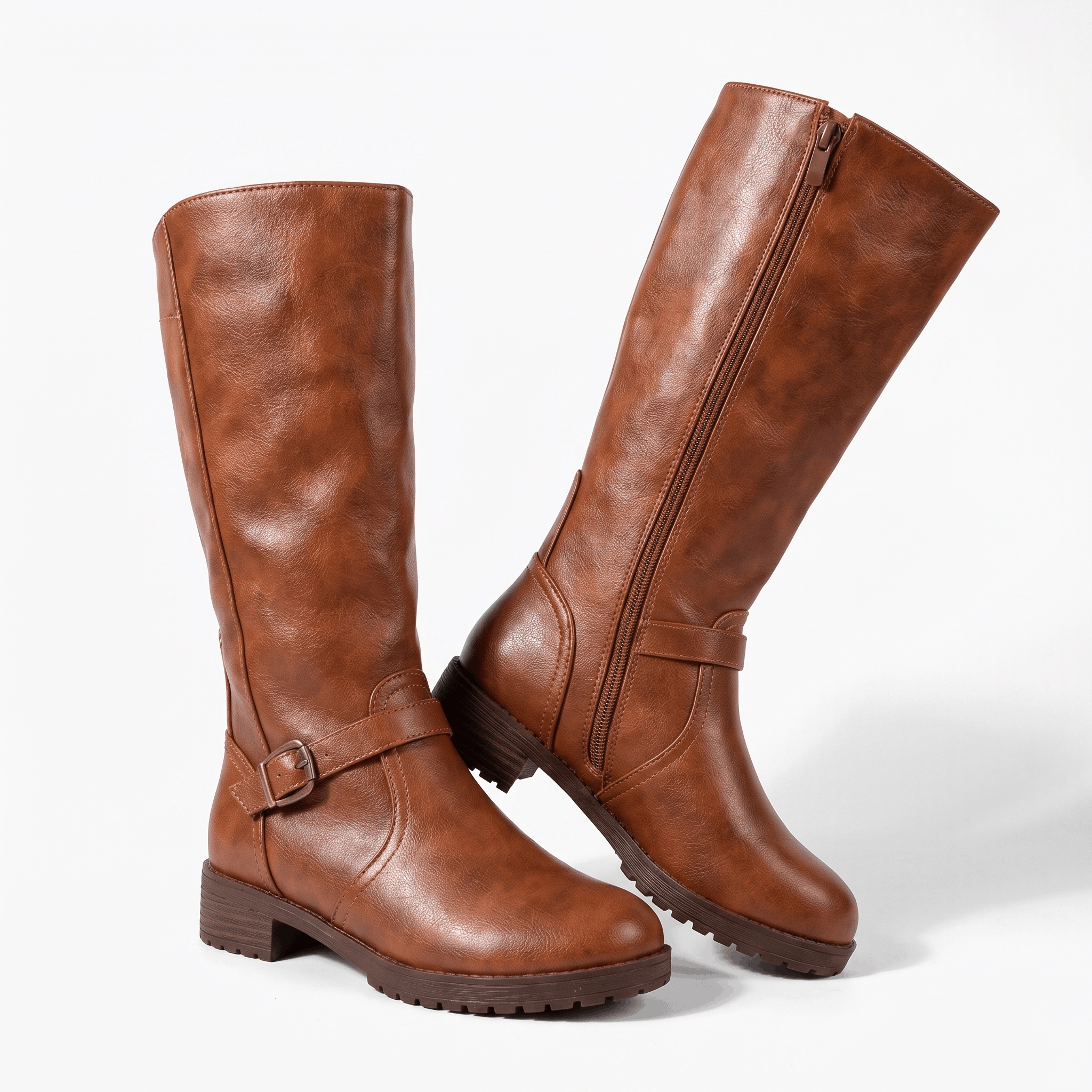 Emilia Leather Knee-High Boots – Buckle-Strap Side-Zip Lug-Sole Footwear