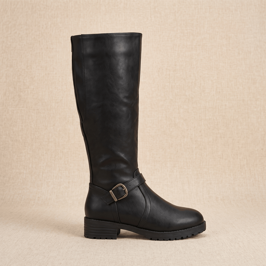 Emilia Leather Knee-High Boots – Buckle-Strap Side-Zip Lug-Sole Footwear